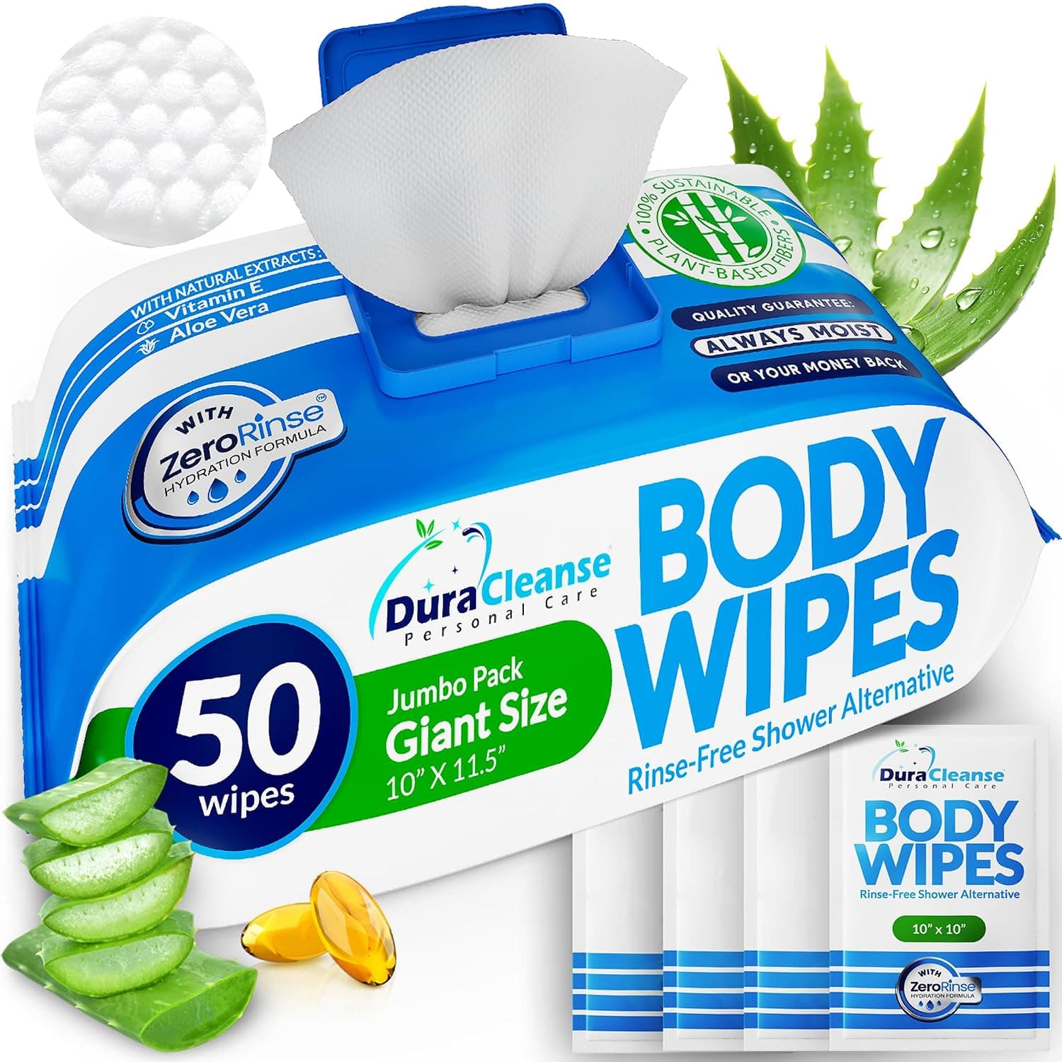 XL Body Wipes (50 Count) + 4 Travel Bath Wipes - 9" x 12" No Rinse Thick Cleansing Shower Wipes, Disposable Washcloths for Adults with Aloe Vera & Vitamin E for Bathing, Camping, Elderly Incontinence