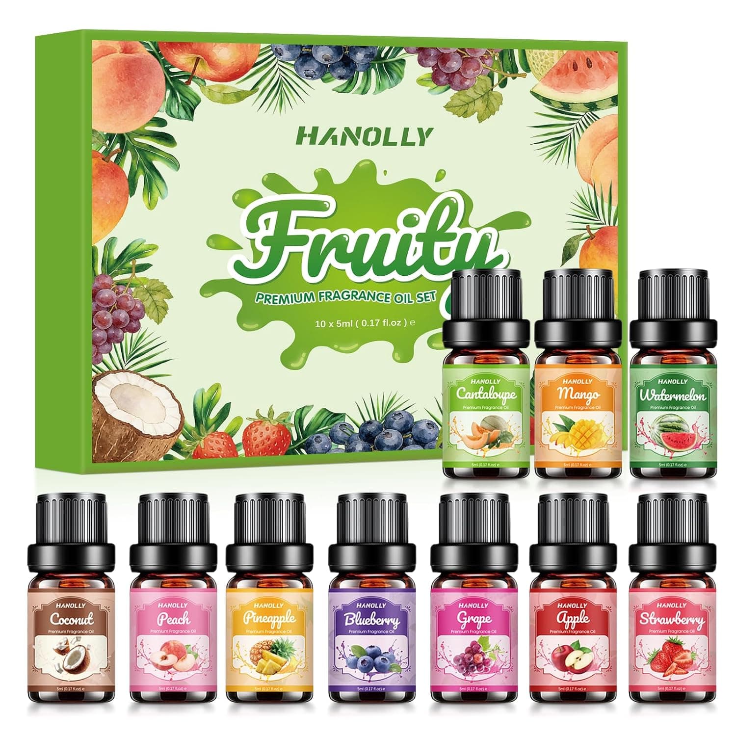 Hanolly Fruity Essential Oils Set, 10 x 5 ml Fragrance Oils for Diffusers, Candles - Strawberry, Blueberry, Apples, Grapes, Pineapple, Peaches, Coconut, Watermelons, Mangoes, Cantaloupe