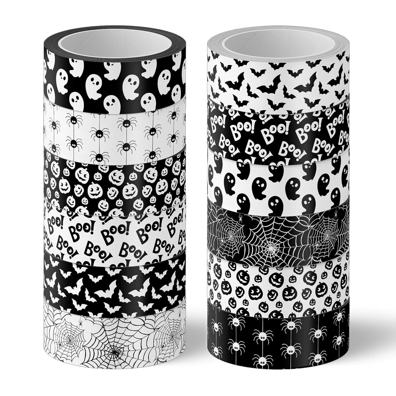 Whaline Halloween Washi Tape 12 Rolls 12 Designs Black White Washi Masking Tape Pumpkin Ghost Bat Spider Pattern Decorative Paper Adhesive Sticker for Scrapbooking Gift Wrapping DIY Art Craft 16.4ft