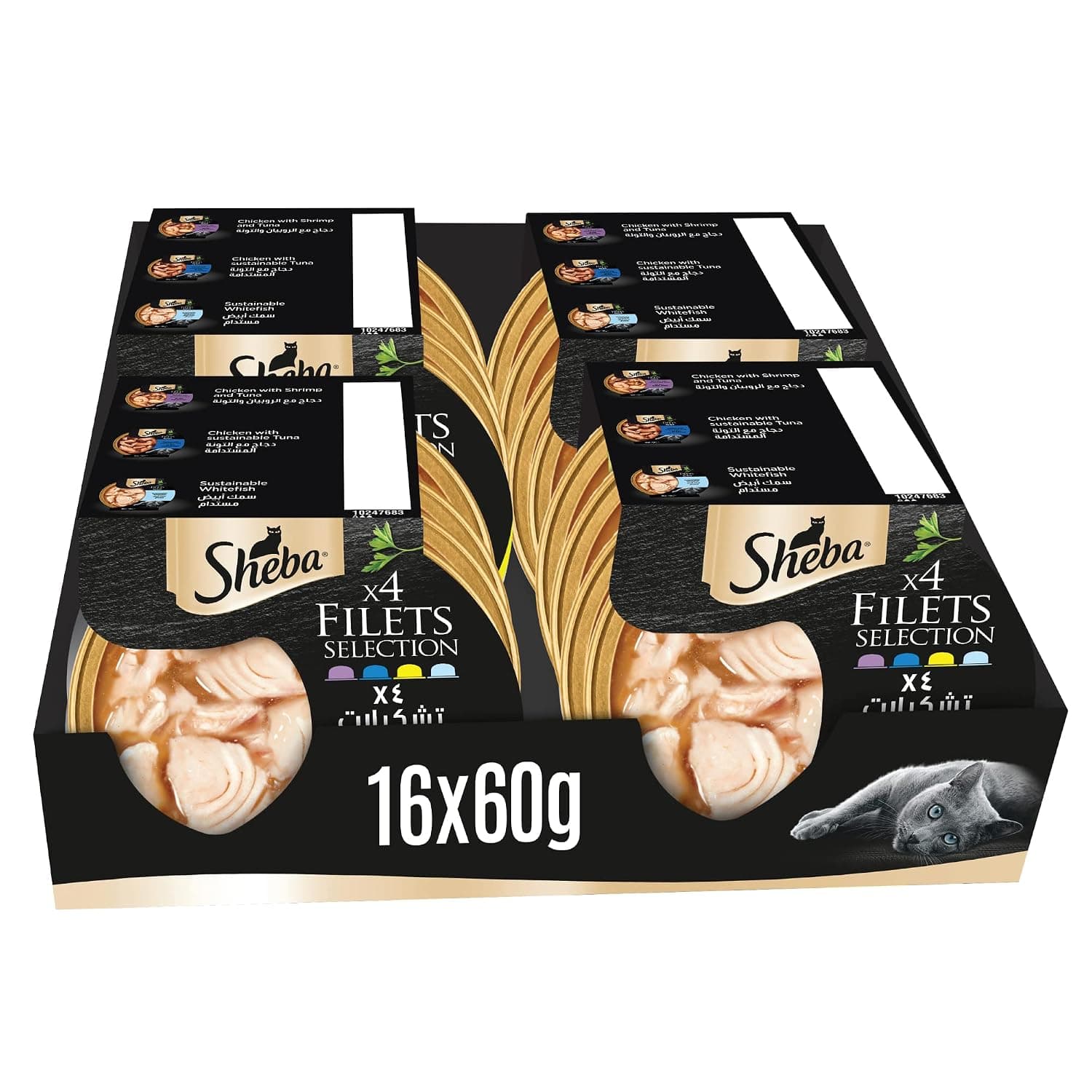 Sheba Cat Food Flavor Selection Filets, Mix of 4 Domes of Natural Shredded Chicken, Chicken with Shrimp & Tuna, Chicken with Sustainable Tuna & Sustainable White Fish, Premium Wet Food, Pack of 16x60g