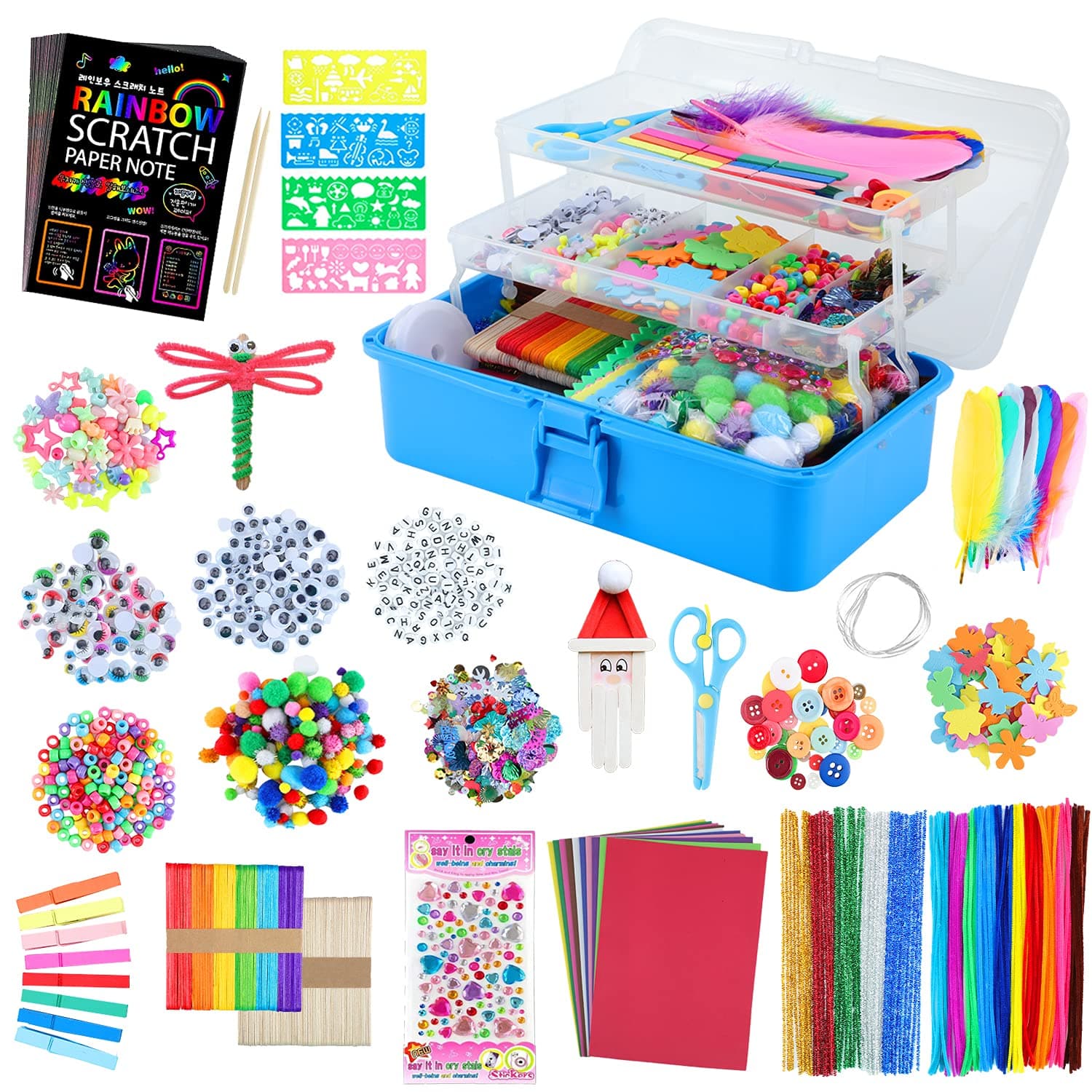 Arts and Crafts Supplies for Kids- 1600+ PCS DIY Craft Kits Including Pipe Cleaners, Folding Storage Box, Preschool Homeschool Craft Set Toys Gift for Boys and Girls(Blue)