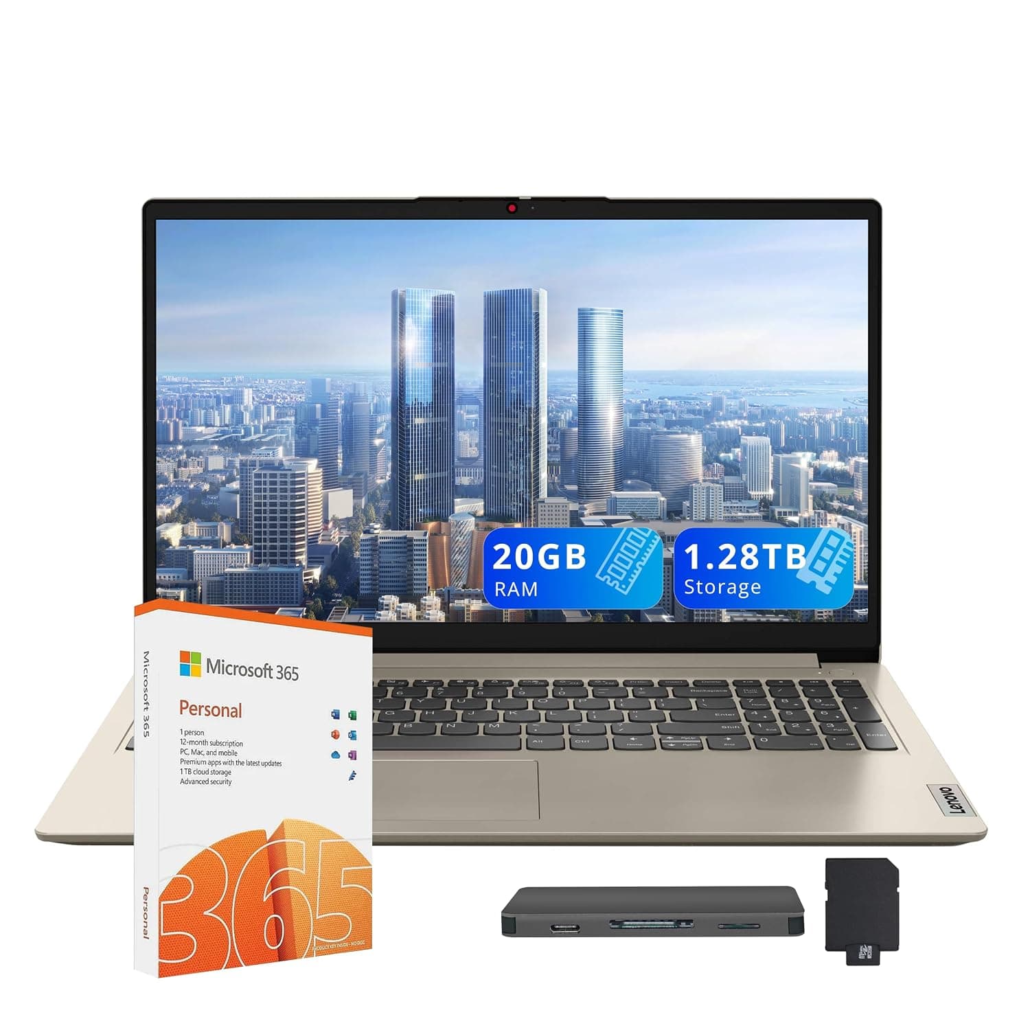 Lenovo IdeaPad 1 15.6" HD Laptop, Intel Celeron N4500, 20GB RAM, 1TB SSD+128GB eMMC, Intel UHD Graphics, Copilot, Number Pad, Webcam, 1 Year Office 365, Windows 11, Sand, 160GB Docking Station Set
