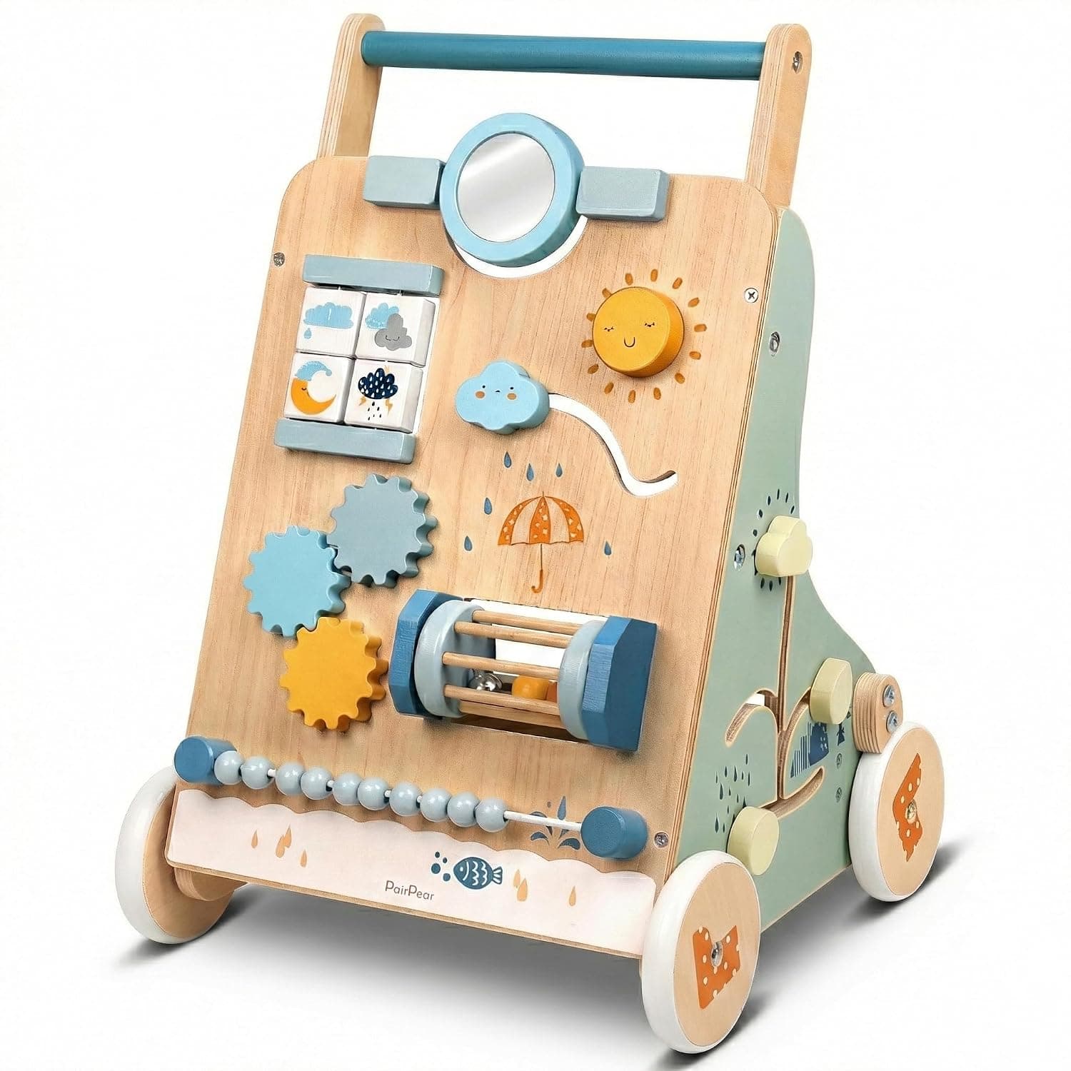 PairPear Wooden Baby Walker, Toddler Push Walker Activity Center Toys with Shape Sorter Gift for Boys Girls 1 2 3 Year Old | Speed & Height Adjustable Walker Activity Center Toys, Montessori Sit-to-Stand Walker Gift for Baby 12M+ Learning to Walk