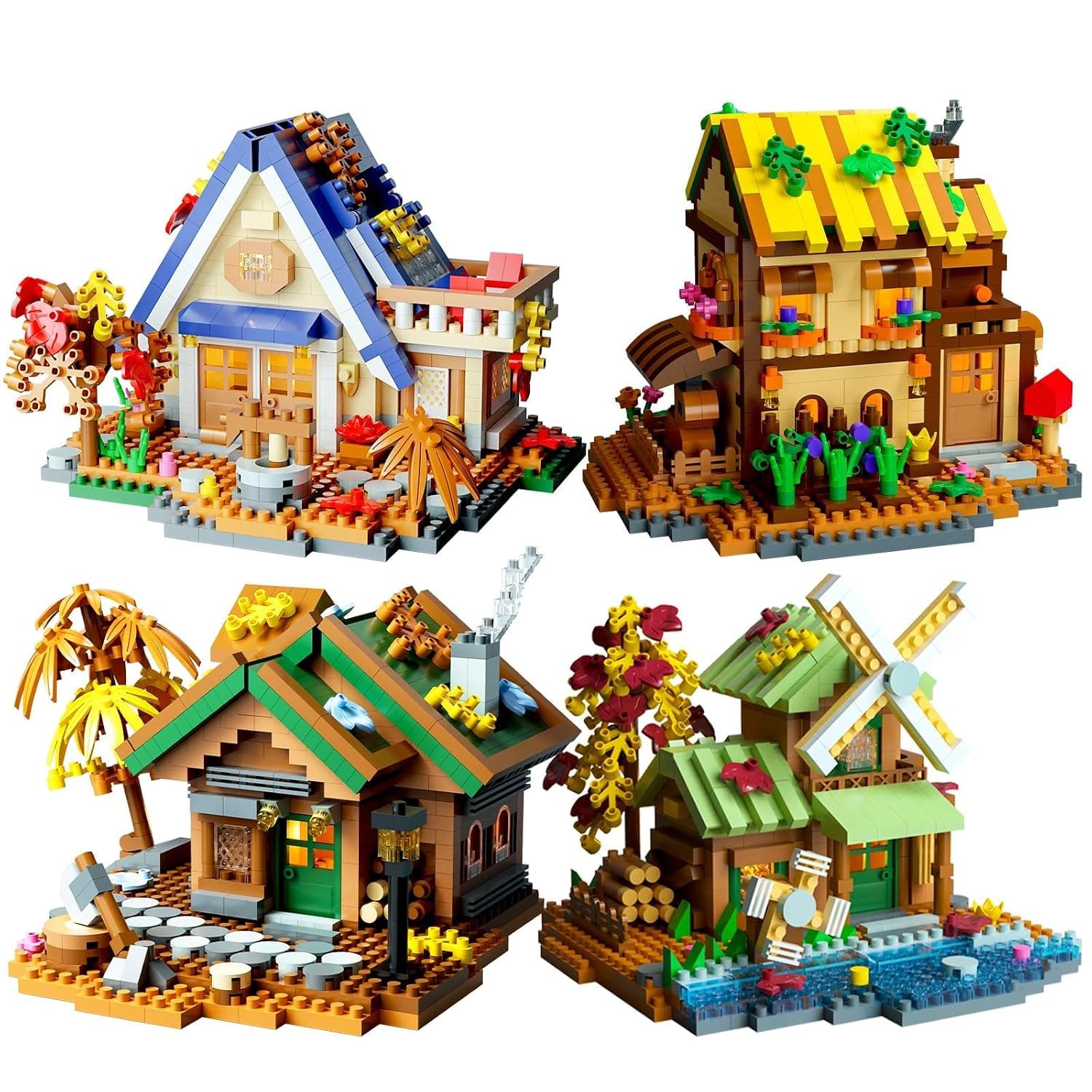 4 Styles Tree House Mini Building Blocks Set for Adults & Kids, DIY Micro Cabin Construction Kit, Creative Cottage Model Decor, Desktop Display Gift for Block Enthusiasts
