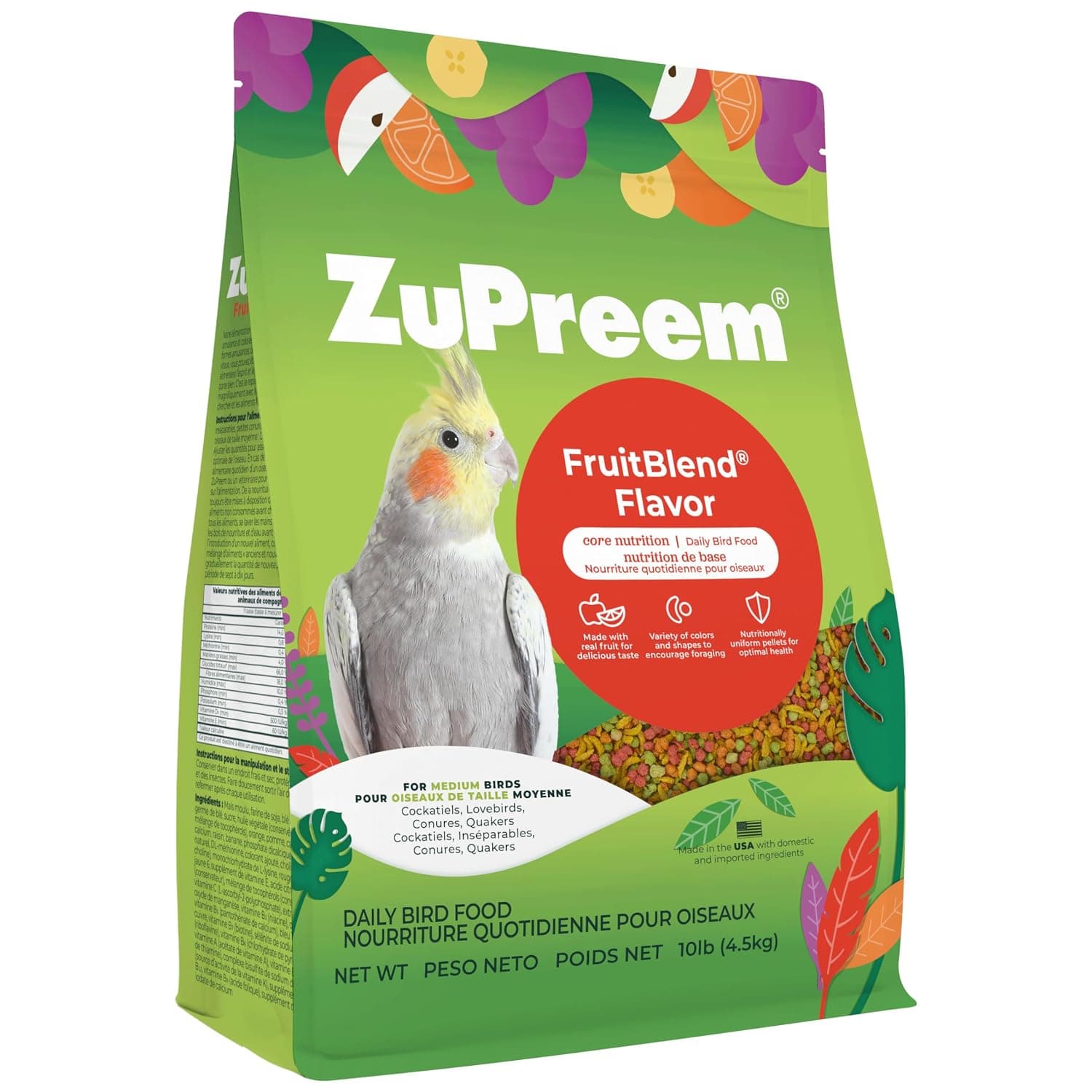 ZuPreem FruitBlend Pellets, Daily Food for Cockatiel, Lovebird, Quaker, Small Conure, Lorikeet - Core Nutrition for Medium Birds (M, 10 lb)