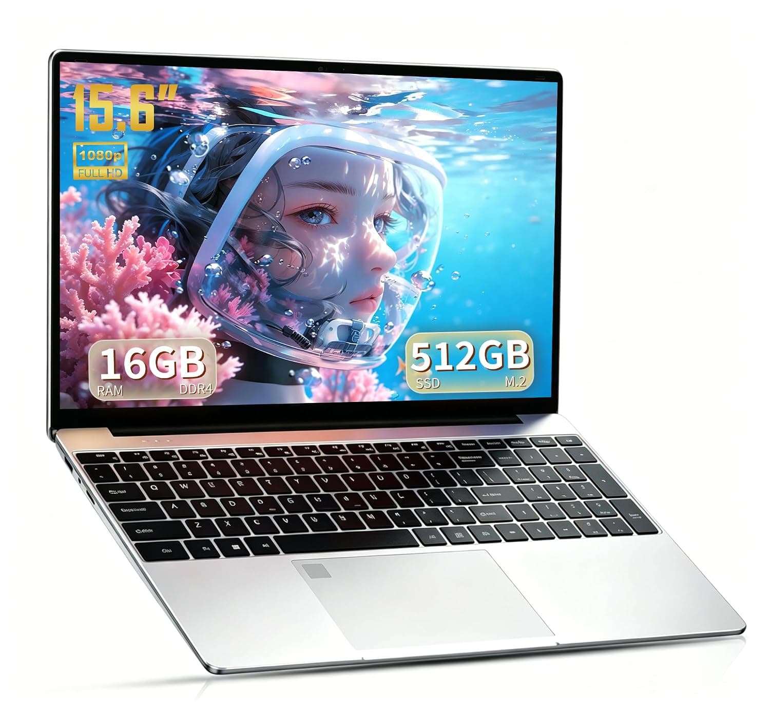 Gold 6500Y Processor 15.6 Inch Full HD Laptop, 16GB RAM, 512GB SSD, FHD IPS Display, Backlit Keyboard, Silver Portable Notebook, Pre-Installed System,Slim Portable Design