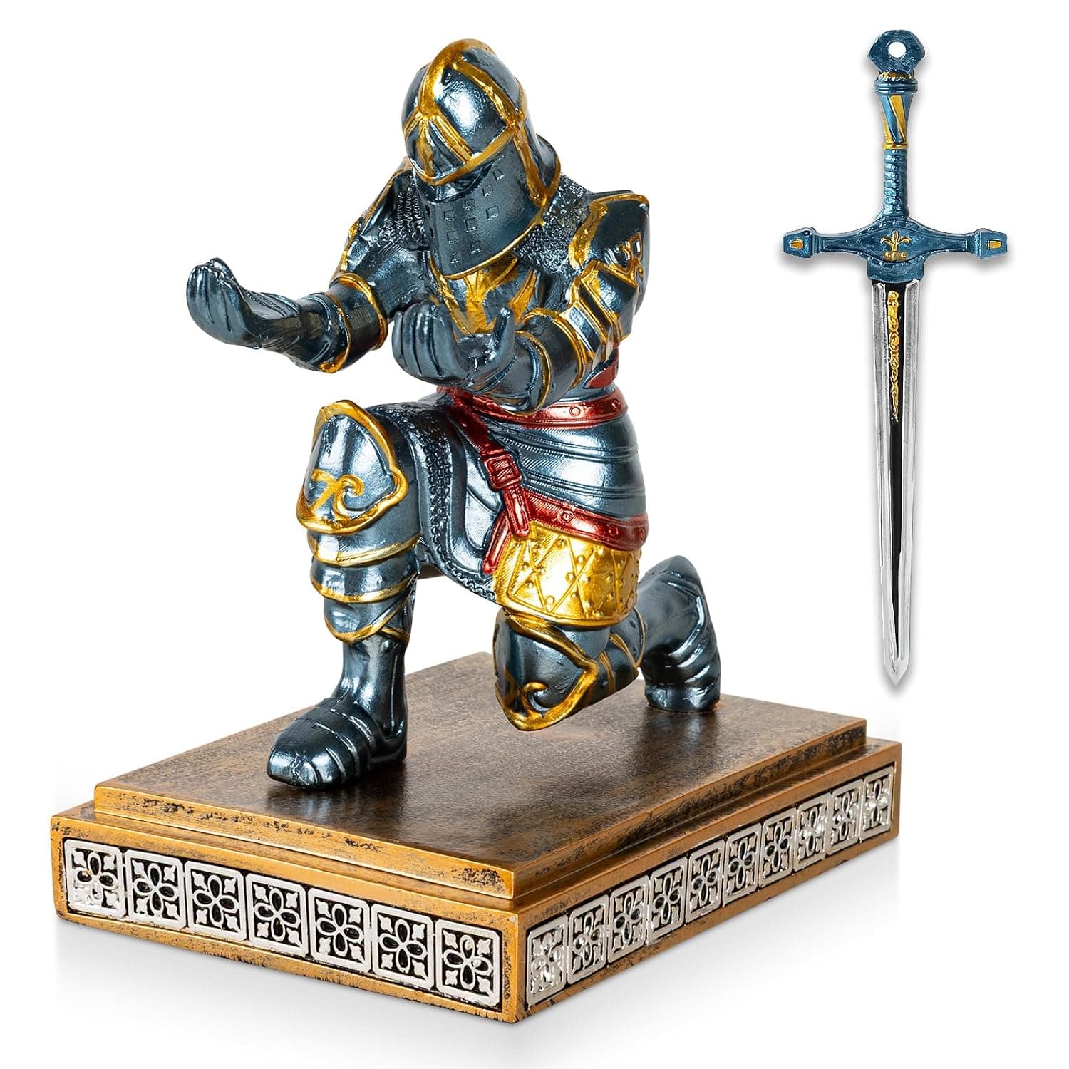 MACLARONX Kneeling Knight Pen Holder with Sword Medieval Warrior Fancy Pencil Stand for Office Desk Home Decor for Men Dad Husband Armor Soldier Statue
