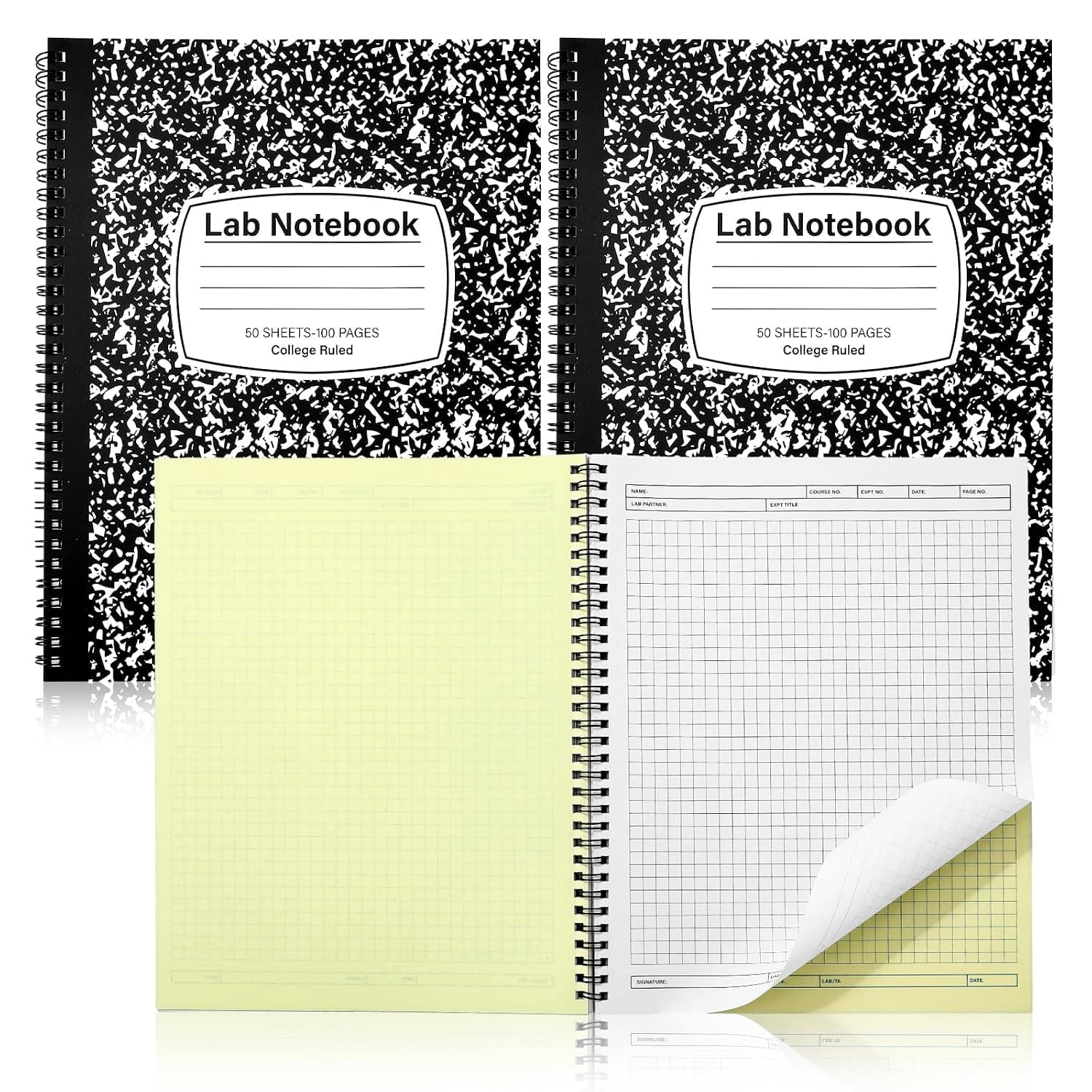 FYSUIMU 2 Pack 8.5 x 11 Inch Carbonless Lab Notebook Carbon Copy Composition Notebooks with Science Grid Set Page Sheets Total Coil Binding, Back to School Engineering Chemistry Laboratory Supplies
