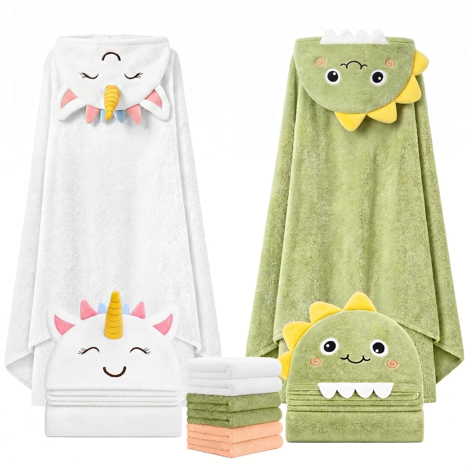 8 PCS Toddler Towels Set for Baby Kids Bath Essentials, Unicorn & Dinosaur | 2 Baby Towels & 6 Washcloths, Large Size 59"x31.5", Ultra Soft, Thick and Absorbent, Cute Animal Hooded, Boys Girls 0-5 Years