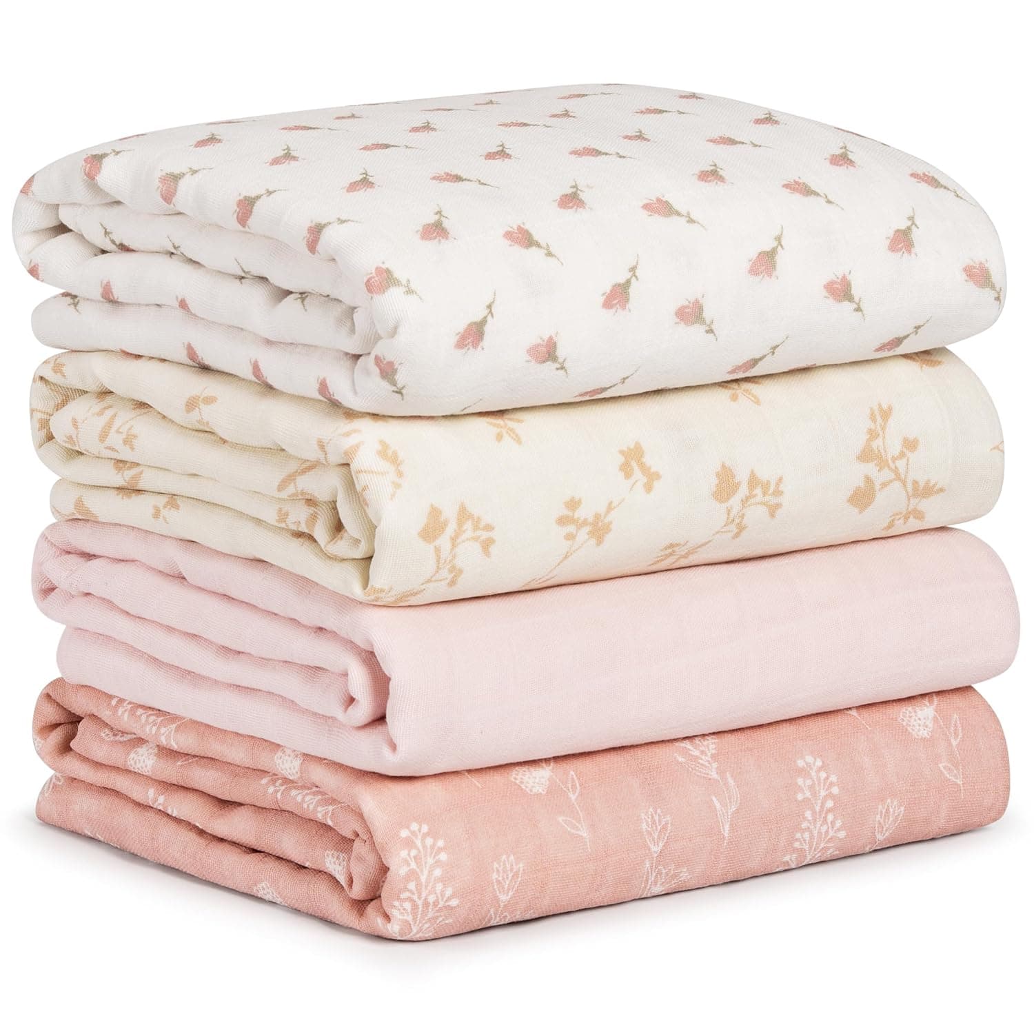 Muslin Swaddle Blankets for Newborn, Cotton Receiving Blanket | 4 Pack 100% Cotton Soft Breathable Baby Blanket, Essentials Swaddle Wrap Burp Cloths, Large 31.5 x 43.3 inch, Pink Flowers