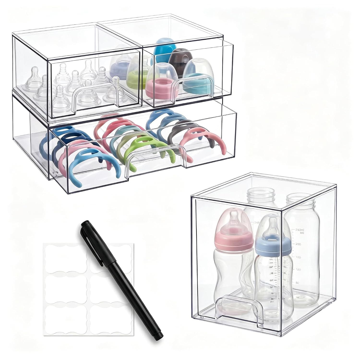 Baby Bottle Organizer, Clear Acrylic Baby Bottle Station with 4 Drawer Bins, Set with Labels, Nursery Organizer for Bottles, Pacifiers, Pump Parts, Countertop Storage for Baby Essentials
