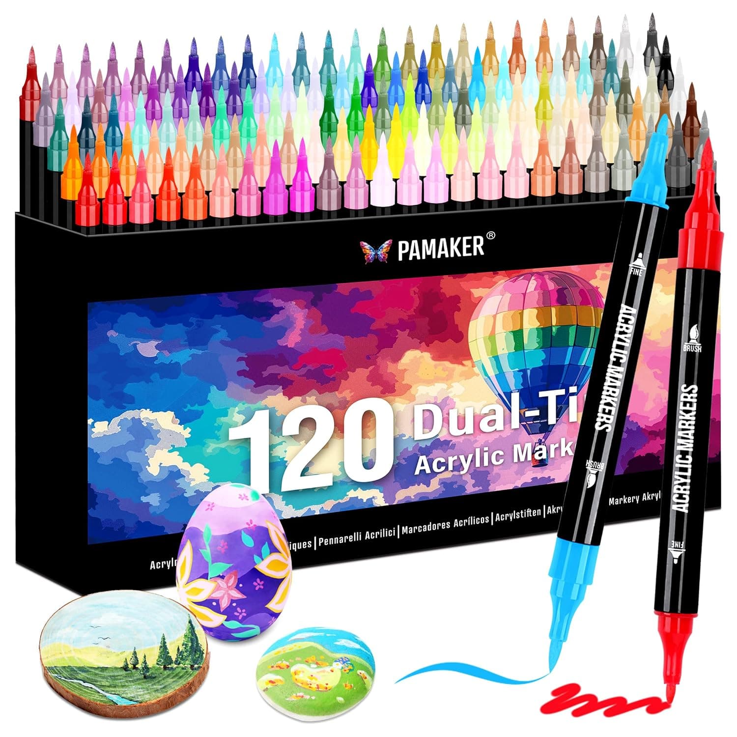 Pamaker 120 Colours Acrylic Pen Set - Acrylic Marker with Fine Tip and Brush for Fabric, Canvas, Glass, Wood and Paper - for Drawing and DIY Craft Projects