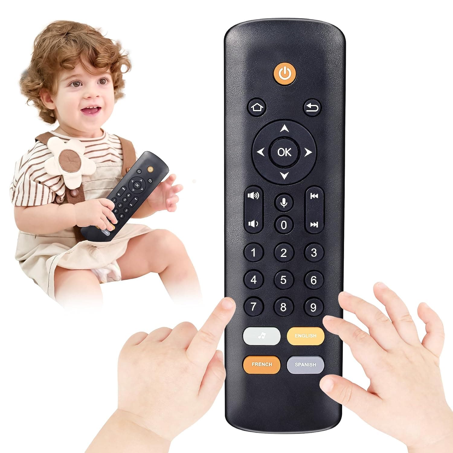 KIRALUMI Baby Remote Control Toy, 3 Languages, Lights & Sounds, 6M+, Black | Realistic pretend TV remote for babies who grab the family remote, numbers in English, Spanish and French, adjustable volume