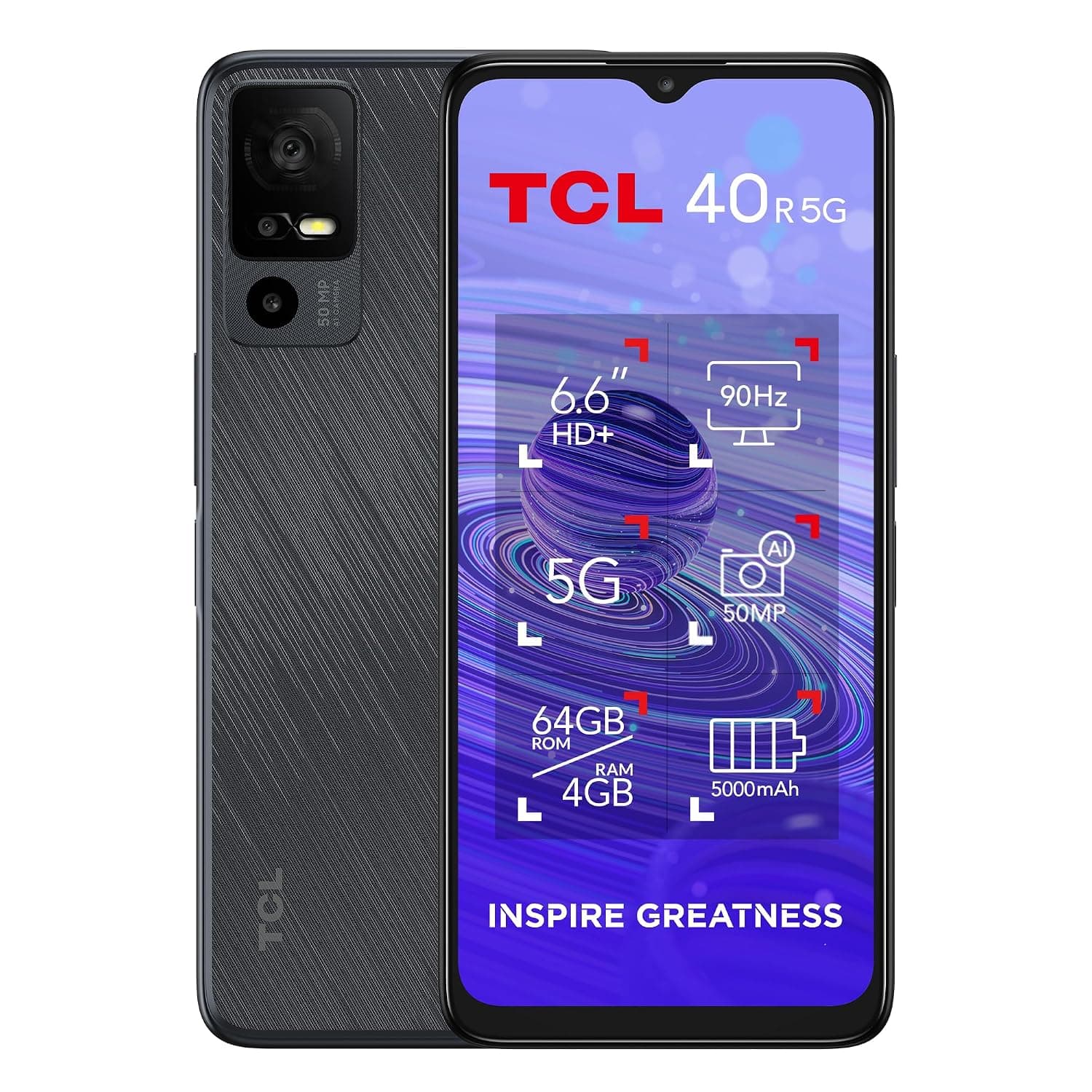 TCL 40 R 5G SMARTPHONE, 64GB + 4GB RAM, 6.6” DISPLAY, 5000 mAh - DARK GREY