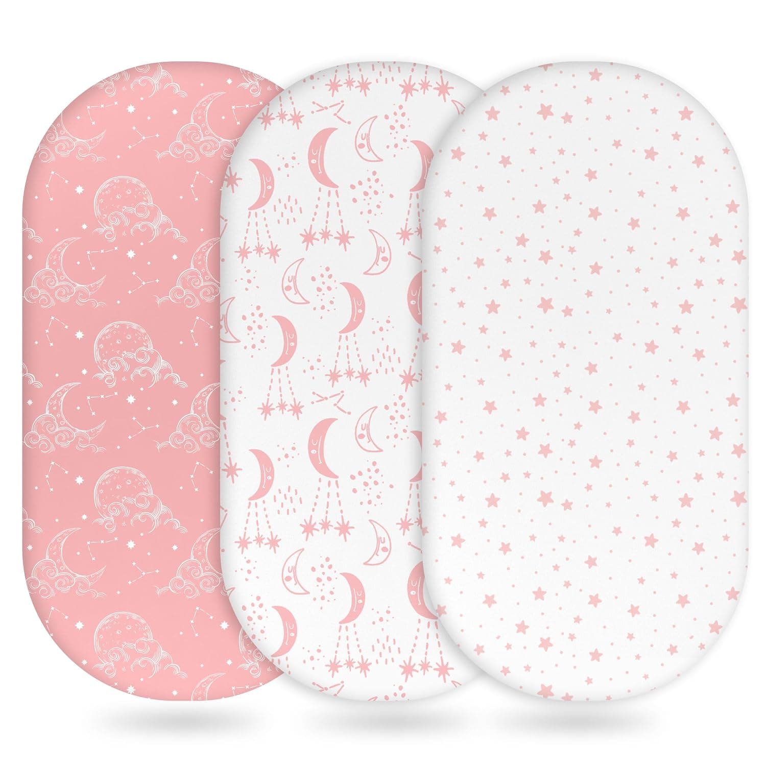 Unnivoll Moses Basket Sheets 3 Pack, Newborn Pram Sheet Fitted for Baby Boy and Girl, Super Soft & Breathable Crib Baby Bassinet Sheet Easy Care White Pink Moon