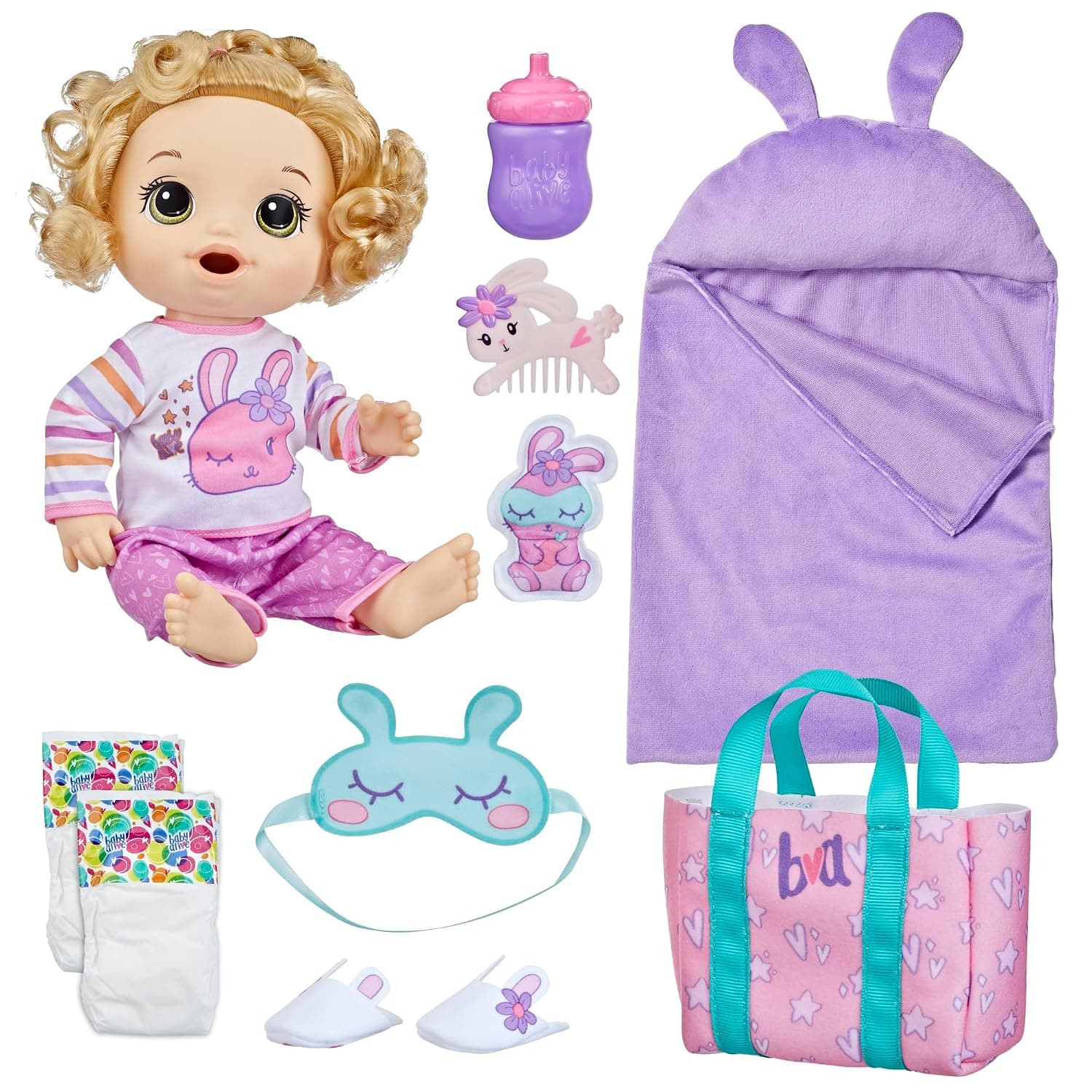 Baby Alive Bunny Sleepover Baby Doll, Bedtime-Themed 12-Inch Dolls, Sleeping Bag & Bunny-Themed Doll Accessories, Toys for 3 Year Old Girls and Boys and Up, Blonde Hair (Amazon Exclusive)