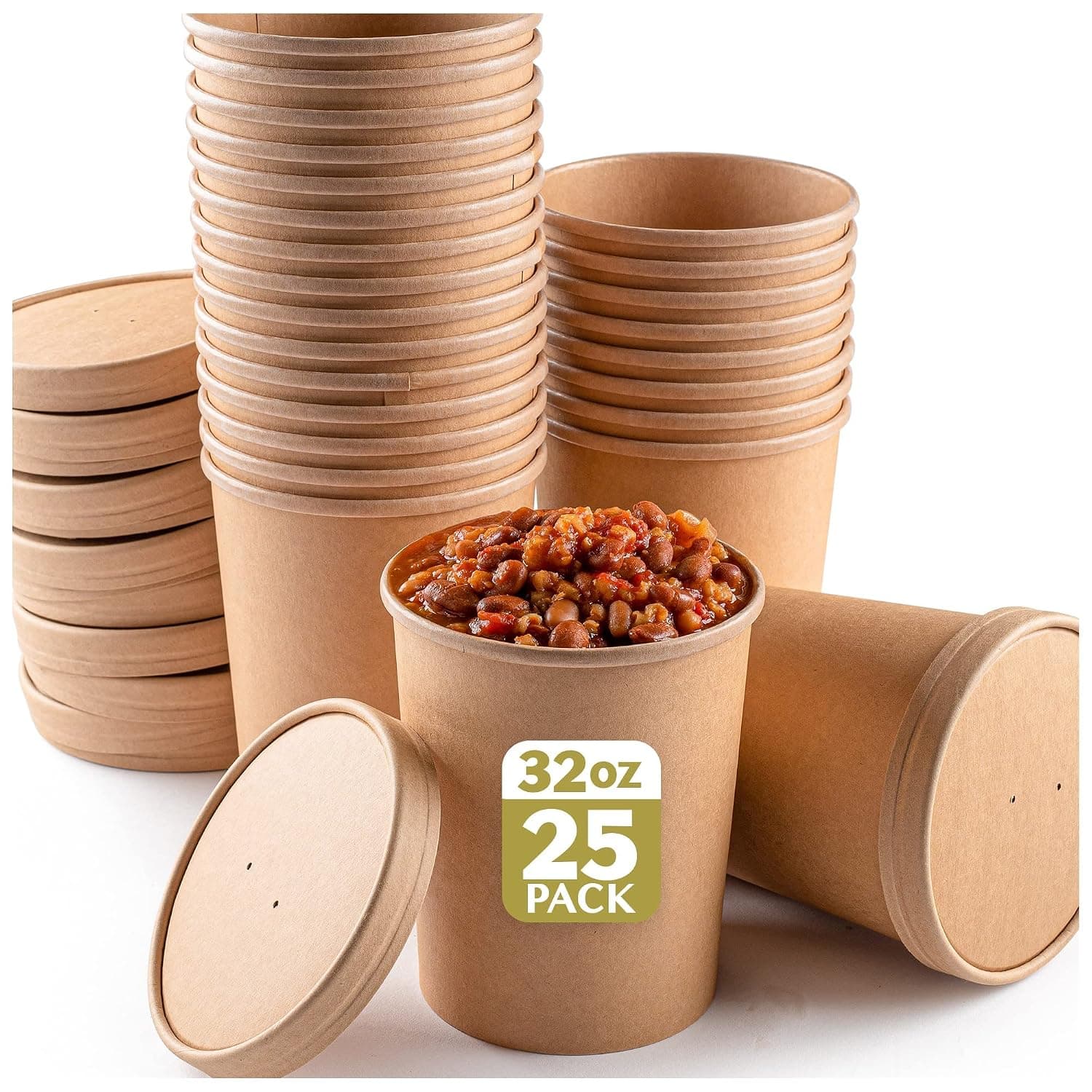 Brheez Soup Containers with Lids 32 oz - Freezer, Microwave, On-the-Go - Disposable Vented Lids for Ice Cream - Eco-Friendly PLA - 25 Bowls