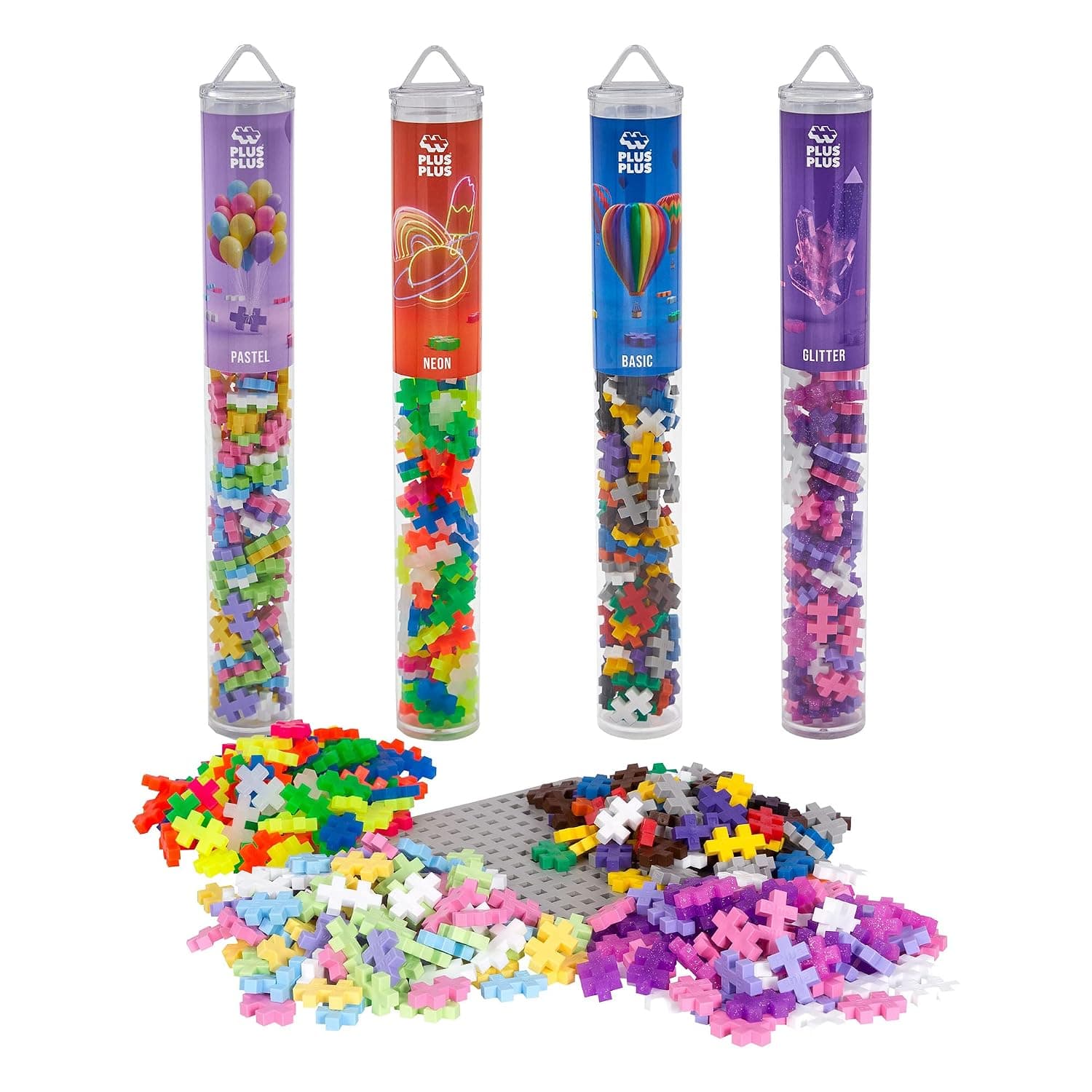 Plus-Plus 7265 Ingenious Construction Toy, Colour Mix, Bundle of 4 Different Creative Building Blocks Tubes Including Building Plate, 400 Pieces