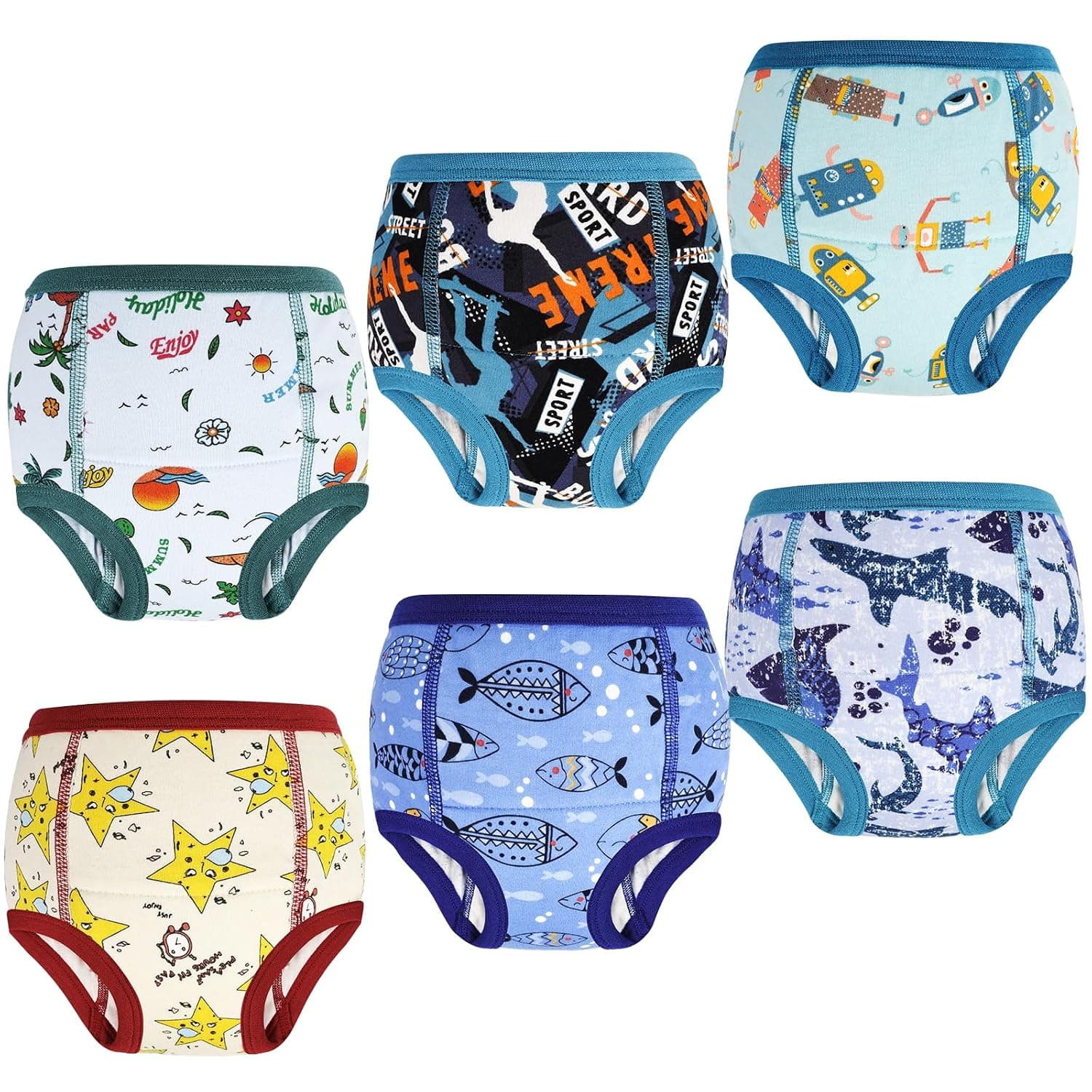 MOEMOE BABY Training Underwear 6 Packs 100% Cotton Absorbent Potty Training Pants for Toddler Boys and Girls 2-9 Years