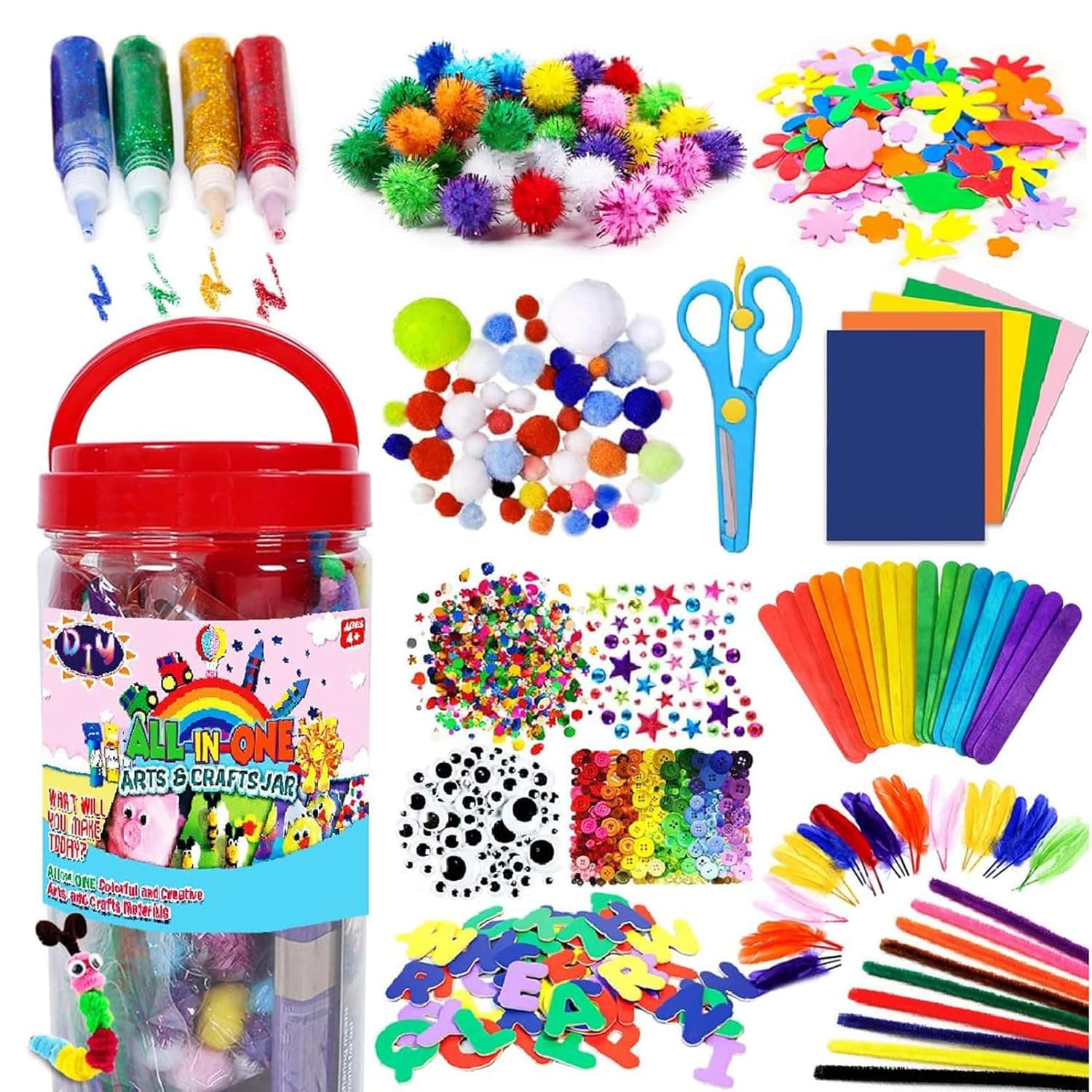 Arts and Crafts Supplies for Kids, Soofam 560+ Pieces Included Pipe Cleaners Craft,Glitter Glue,Pom Poms,Feather, Make Bracelets and Necklaces - for Craft DIY Art Supplies Jar Kit for Kids Age 4-9