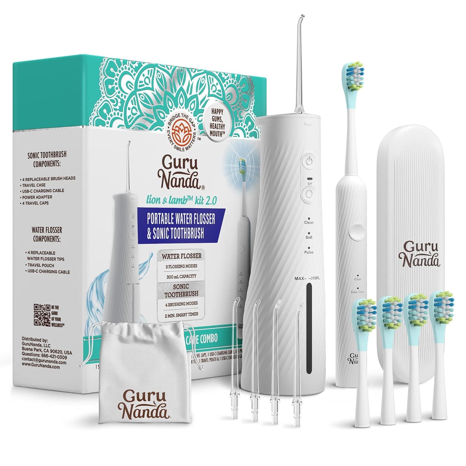 GuruNanda Lion & Lamb Kit 2.0, Electric Toothbrush with Water Flosser Combo, 4 Jet Tips, 4 Brush Heads, & IPX7 Waterproof Design for Complete Oral Care, White