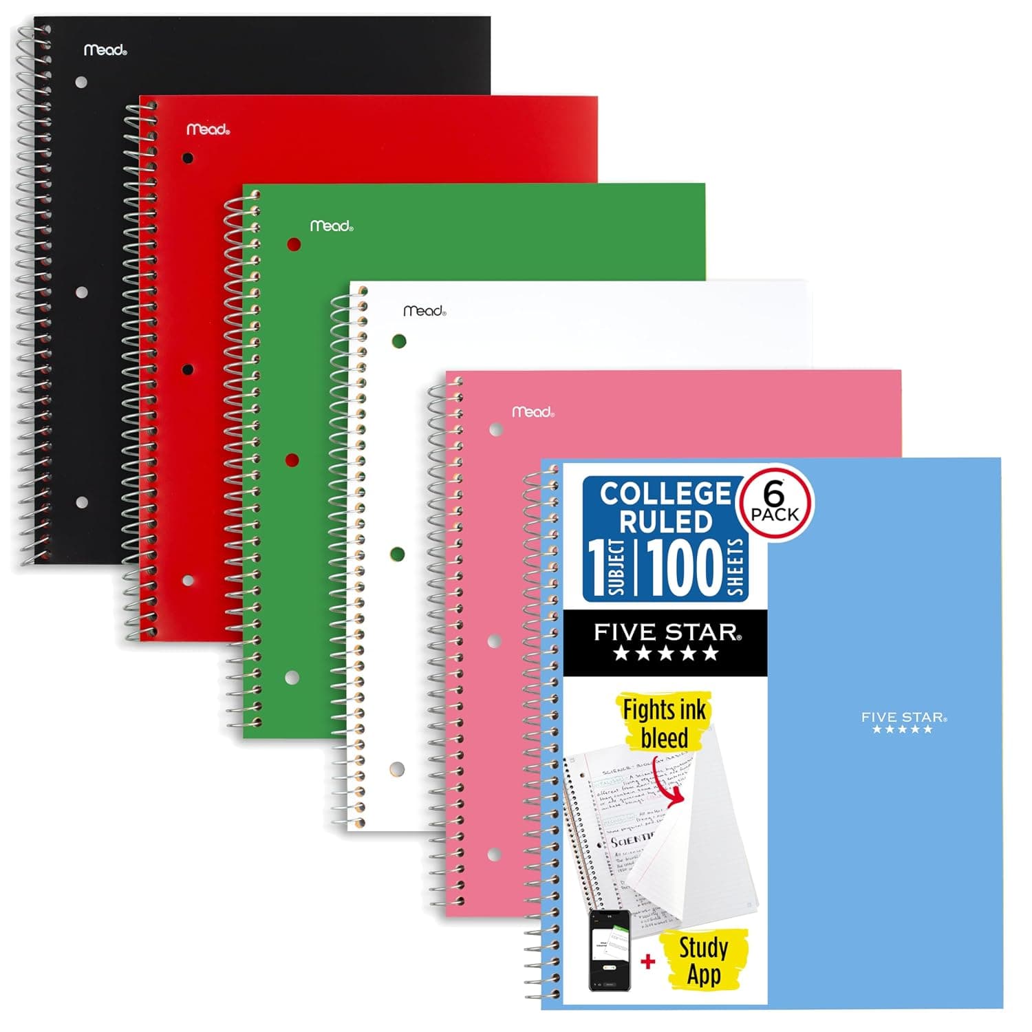 Five Star Spiral Notebooks, 1 Subject, College Ruled Paper, 100 Sheets, 11 inches x 8-1/2 inches, Assorted Colors, 6 Pack (38052)