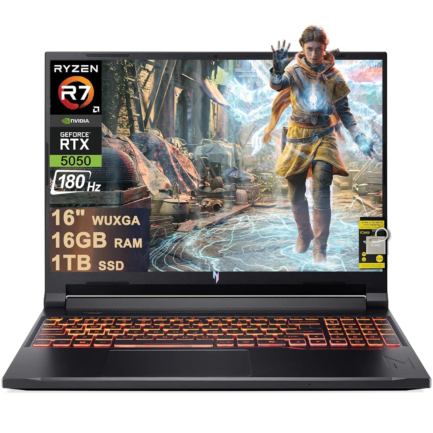 acer Nitro V 16 AI Gaming Laptop 16" WUXGA IPS 180Hz AMD 8-core Ryzen 7 260 (Beats i7-13700H) 16GB DDR5 1TB SSD GeForce RTX 5050 (Up to 421 AI Tops) Backlit Wi-Fi6E Win11 ICP Hub