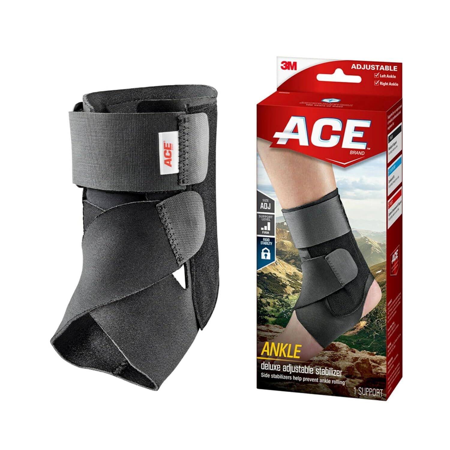 ACE Deluxe Ankle Stabilizer, Adjustable, Black, 1/Pack