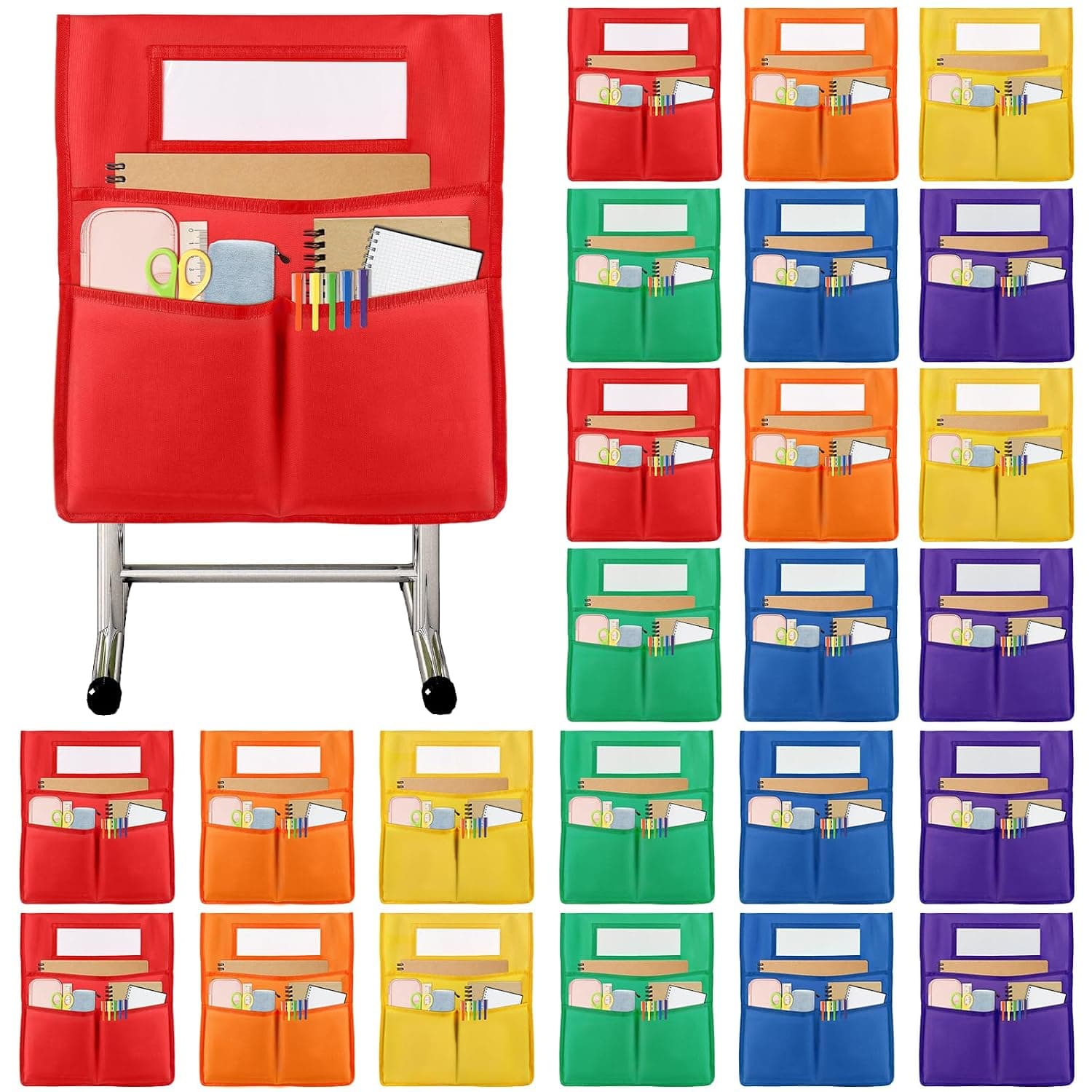 gisgfim 24 Pcs Chair Pockets for Classroom 19 x 17 inch Seat Sacks for Classroom Chairback Pocket Chart 3 Pockets Chairs Seat Back Organizer with Name Tag for School Home Classroom Supplies(Colorful)