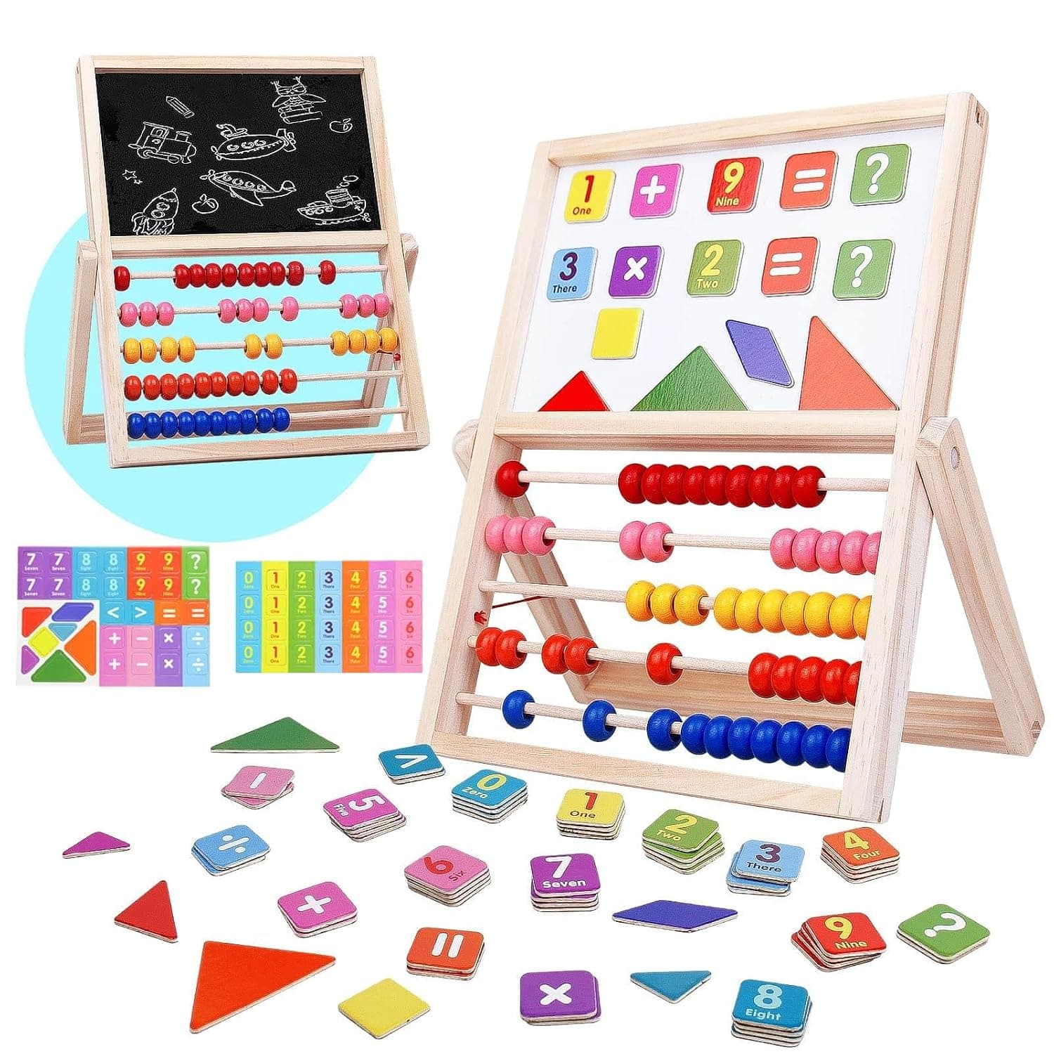 2-in-1 Wooden Abacus & Magnetic Drawing Board – Double Sided Whiteboard & Chalkboard, Math & Counting Toy for Kids, Preschool Learning & Fine Motor Skills Development,Gift for Toddlers Ages 3+