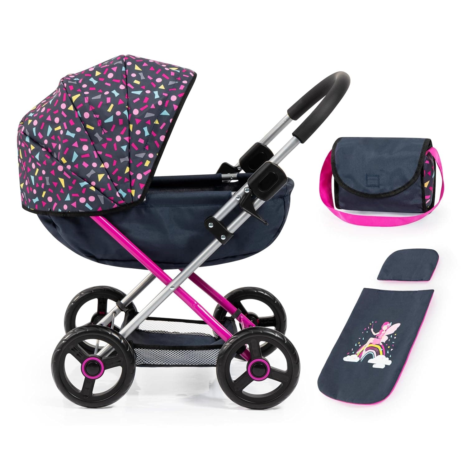 Bayer Design Dolls: Pram Cosy - Navy, Hot Pink, Fairy - Accessory for Dolls Up to 18", Matching Shoulder Bag, Blanket & Pillow, Foldable, Kids Ages 3+