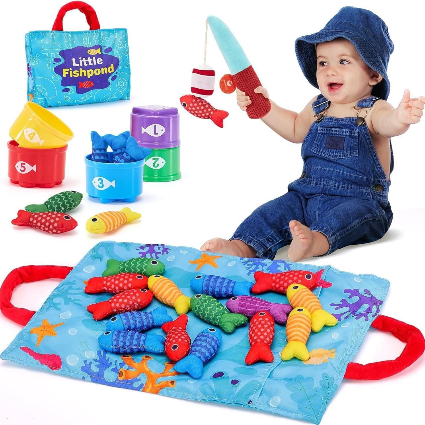 U HOOME Montessori Toys,Baby Toys 18 Months,Cloth Fishing Game for Toddlers with Stacking Cups- Number Counting, Color Sorting, Toddler Toys for 2 3 4 5 Year Old Girl Boy Gifts