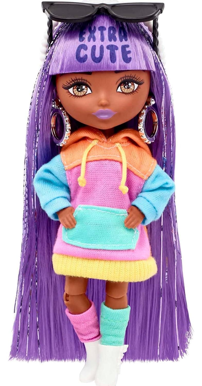 Barbie Extra Minis Doll & Accessories with Purple & Silver Hair, Toy Pieces Include Color-Block Hoodie Dress & Boots