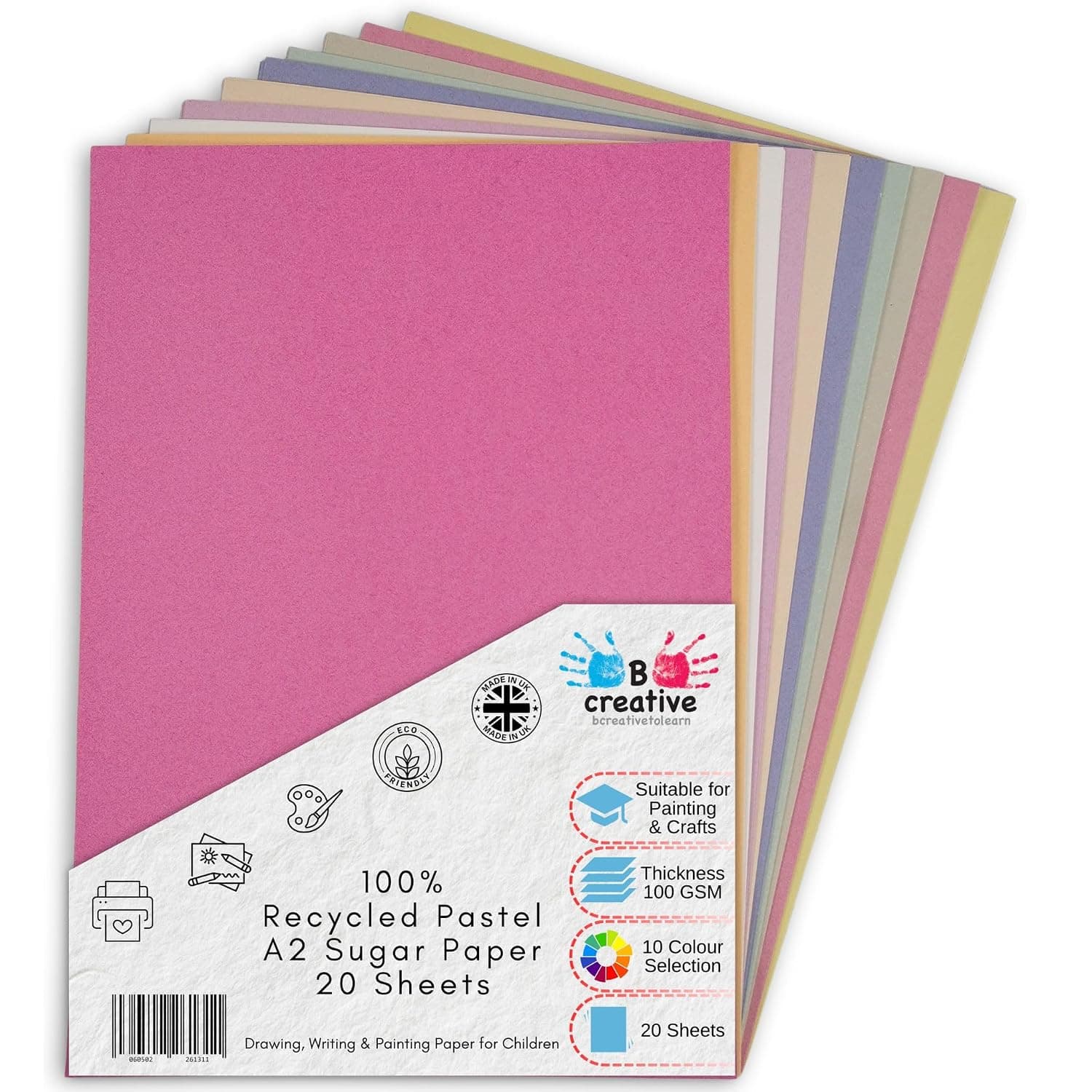 A2 Recycled Sugar Paper Pastel Colours 20 Large Sheets in 10 Assorted Colours, Great for Kids Arts & Crafts, Drawing, Painting & Scrap Booking. 60 x 42cm Sheet Size