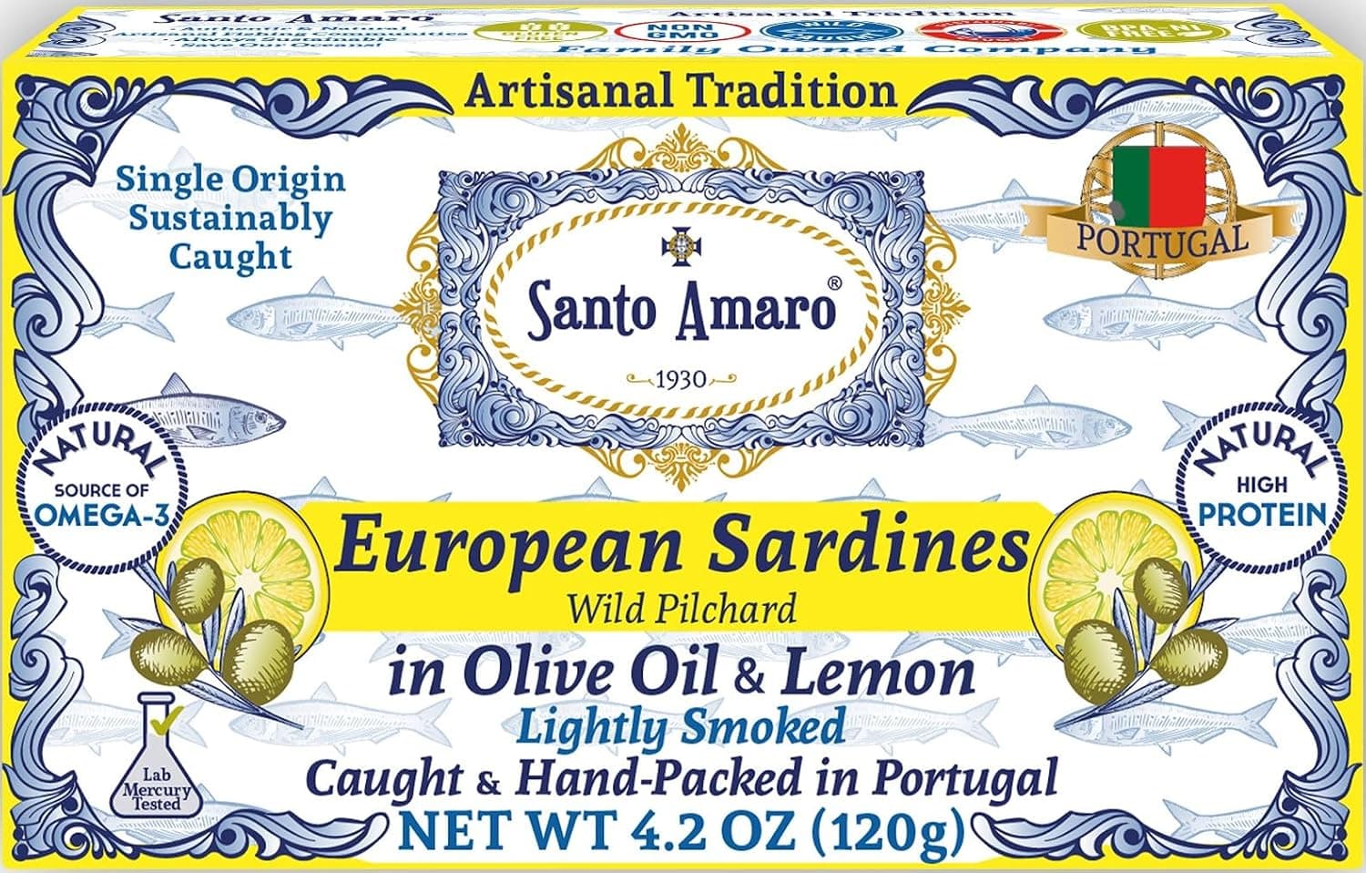 Santo Amaro - Authentic European Sardines in Olive Oil & Natural Lemon, Hand-Packed Canned Sardines Lisbon Variety Real Lemon, Wild Caught Portuguese Sardines, Lightly Smoked, Low Mercury Pack of 6