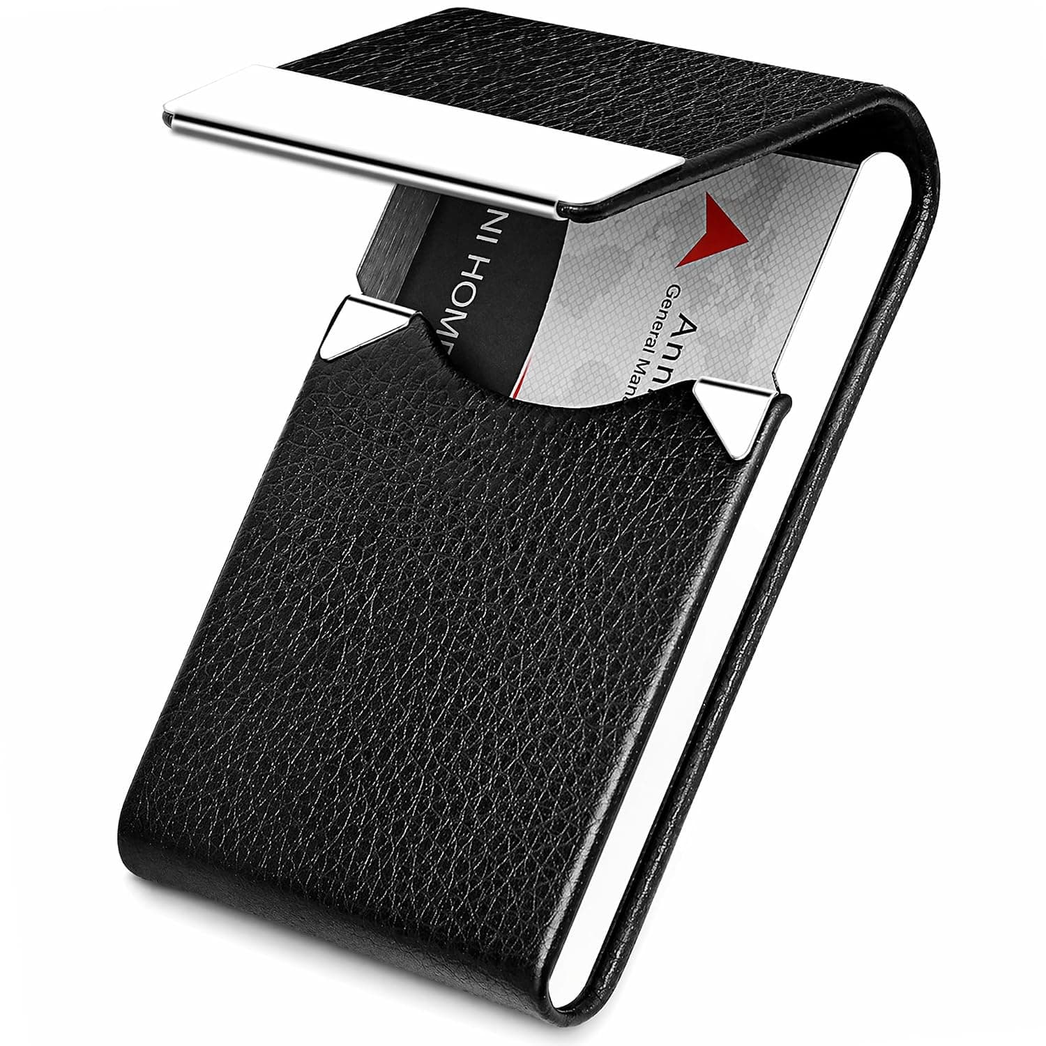 Business Card Holder Case - PU Leather Business Card Case Name Card Holder Slim Metal Pocket Card Holder with Magnetic Shut, Black
