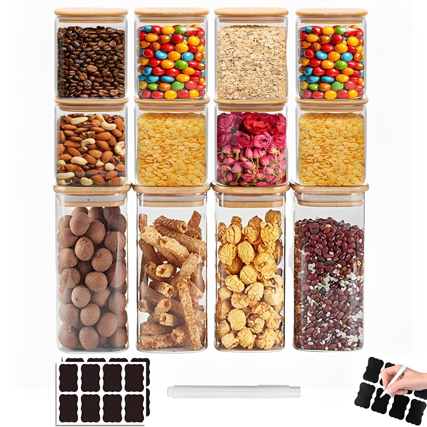 Beauenty 430ML&750ML Glass Storage Containers with Lids,Glass Jars with Lids,Clear Food Storage Jar,Square Glass Canister Set of 12,Pantry Organizers and Storage Cookie Flour Oat Pasta Tea Coffee Bean