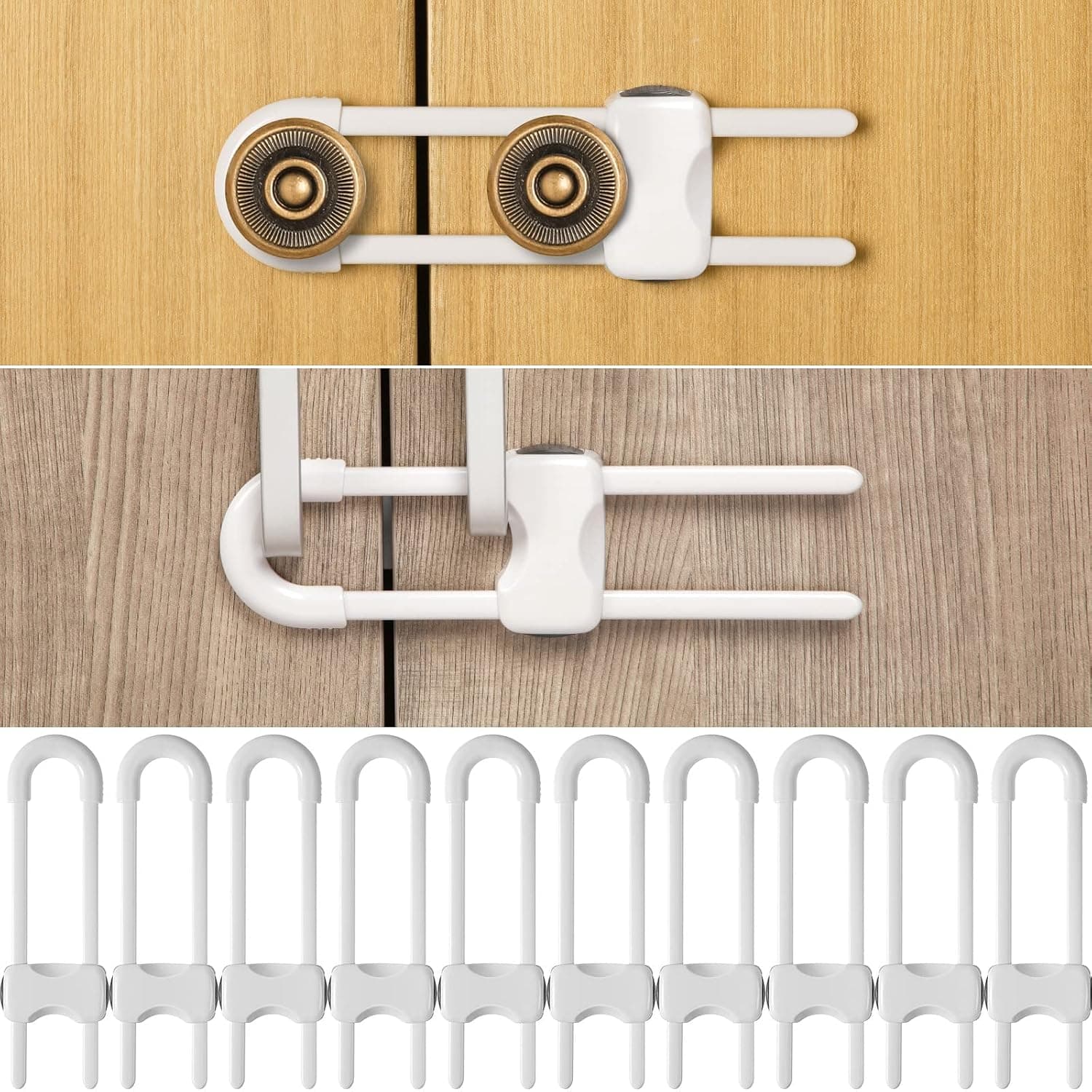 Jetec 10 Pack Baby Proof Cabinet Locks Adjustable U Shaped,White | No Adhesive No Drill Child Safety for Cupboards Doors Fridge Closet, Fits Knobs or Handles, Pet Proof Without Tool Install