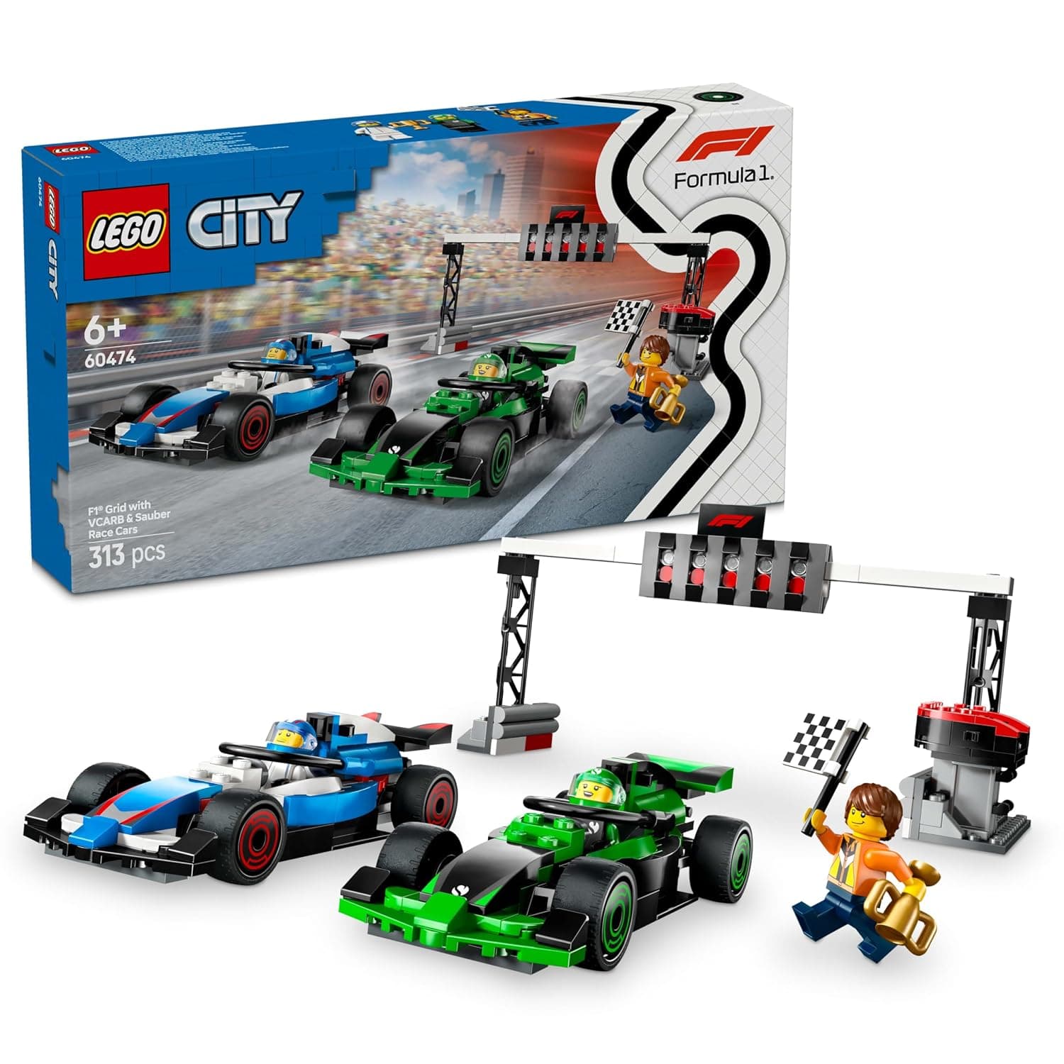 LEGO City F1 Grid with VCARB & Sauber Race Cars - Buildable Formula 1 Car Toys, 2 Driver Minifigures, Marshal, & Starting Lights Line - Fun Gift Idea for 6+ Year Old Boys & Girls - 60474
