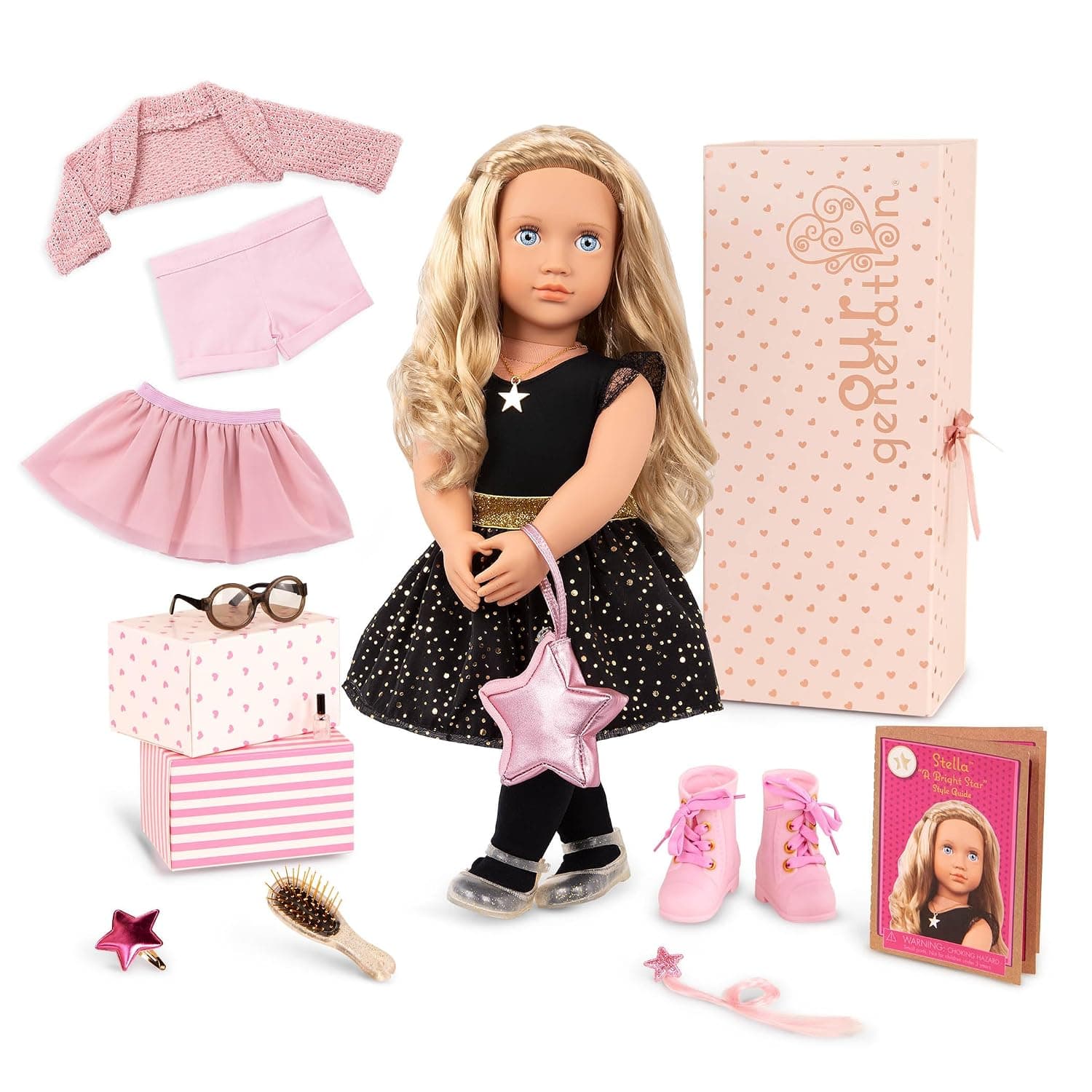 Our Generation Stella Doll With 3 Outfits - Movable 46 Cm Doll With Clothes, Comb, Accessories And Long Blonde Hair For Styling - Toy From 3 Years (19 Pieces)