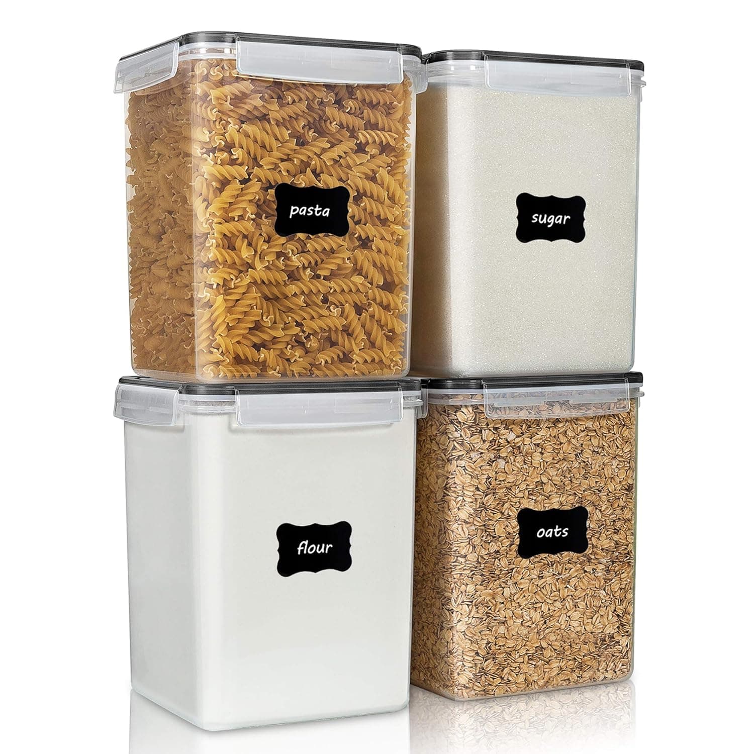 Vtopmart 4 PCS Large Food Storage Containers 5.2L / 175oz, 4 Pieces BPA Free Plastic Airtight Canisters for Flour, Sugar, Baking Supplies, Rice with Lids, 4 Measuring Cups and 24 Labels, Black