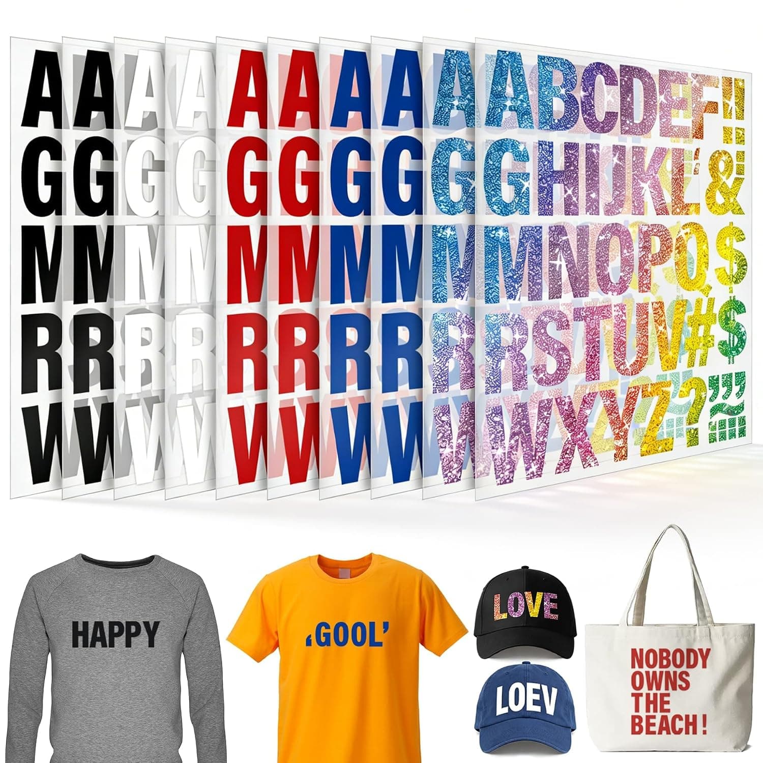 Iron On Letters for Clothing, 10 Sheets 2 Inch Heat Transfer Vinyl Fabric Letter Patches for T-Shirts Hat Pillow Backpack Jersey Fabric Printing DIY Apparel Craft (352 Pcs)