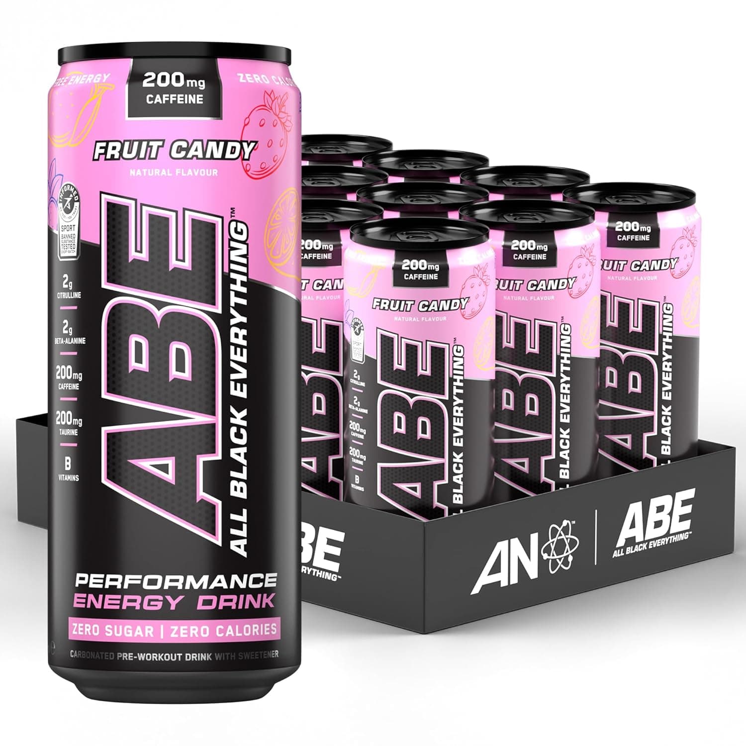 Applied Nutrition ABE Pre Workout Cans - All Black Everything Energy Drink, ABE Carbonated Drink with Caffeine (Pack of 12 Cans x 330ml) (Fruit Candy)