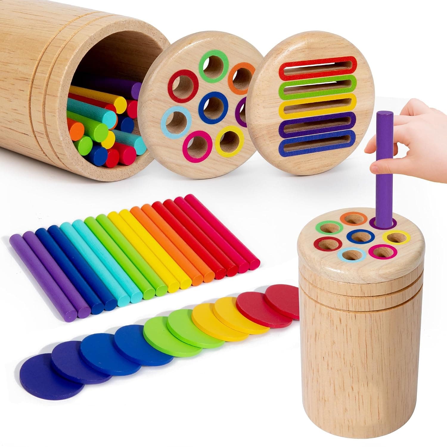 Wooden Sorting Toy, 2-in-1 Montessori Sorting Toy for Toddlers, Shape & Color Matching Stick Puzzle with Storage Bucket, Fine Motor Skills Developmental Toy for 3+ Year Old Boys Girls