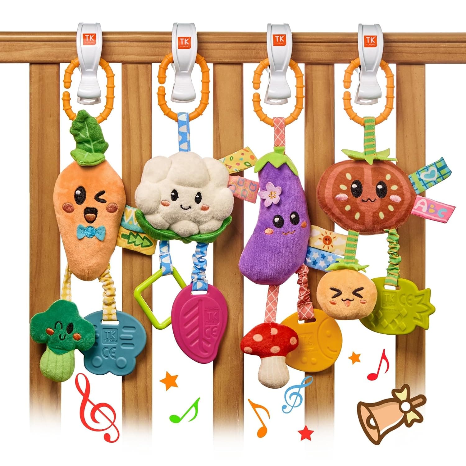 TUMAMA Baby Plush Hanging Vegetable Set Toy 4 Cute Different Vegetable Crib Stroller Toys, Pretend Play Food Sensory Rattle Hanging Toy.Suitable for Babies 0, 3, 6, 9, 12 Months+