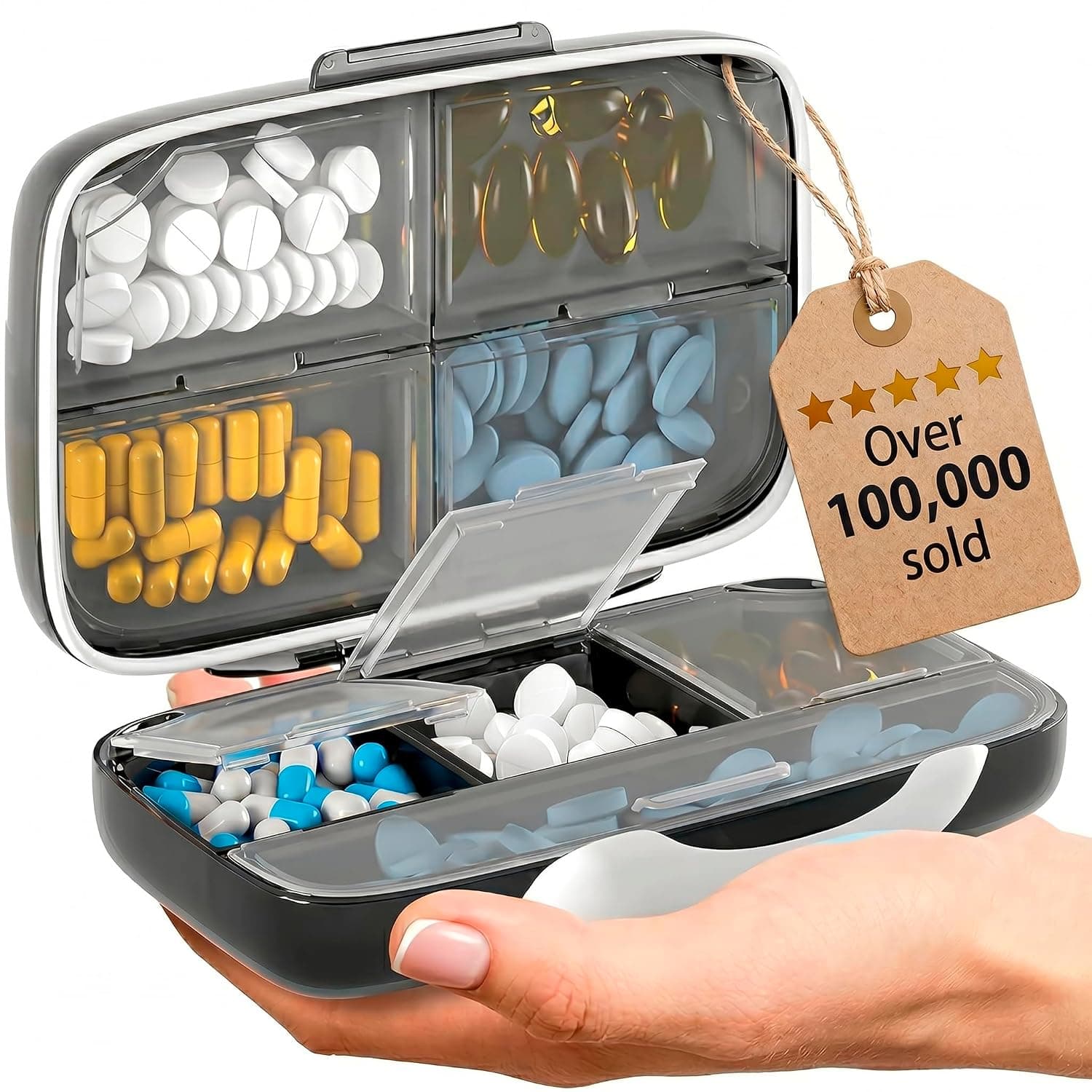 Pill Organizer Airtight Pill Box Large Pill Dispenser Home Travel Supplement Holder Portable Vitamin Sorter Jumbo Size 8 Compartment Airtight Vitamin Container Daily Medicine Travel Essentials