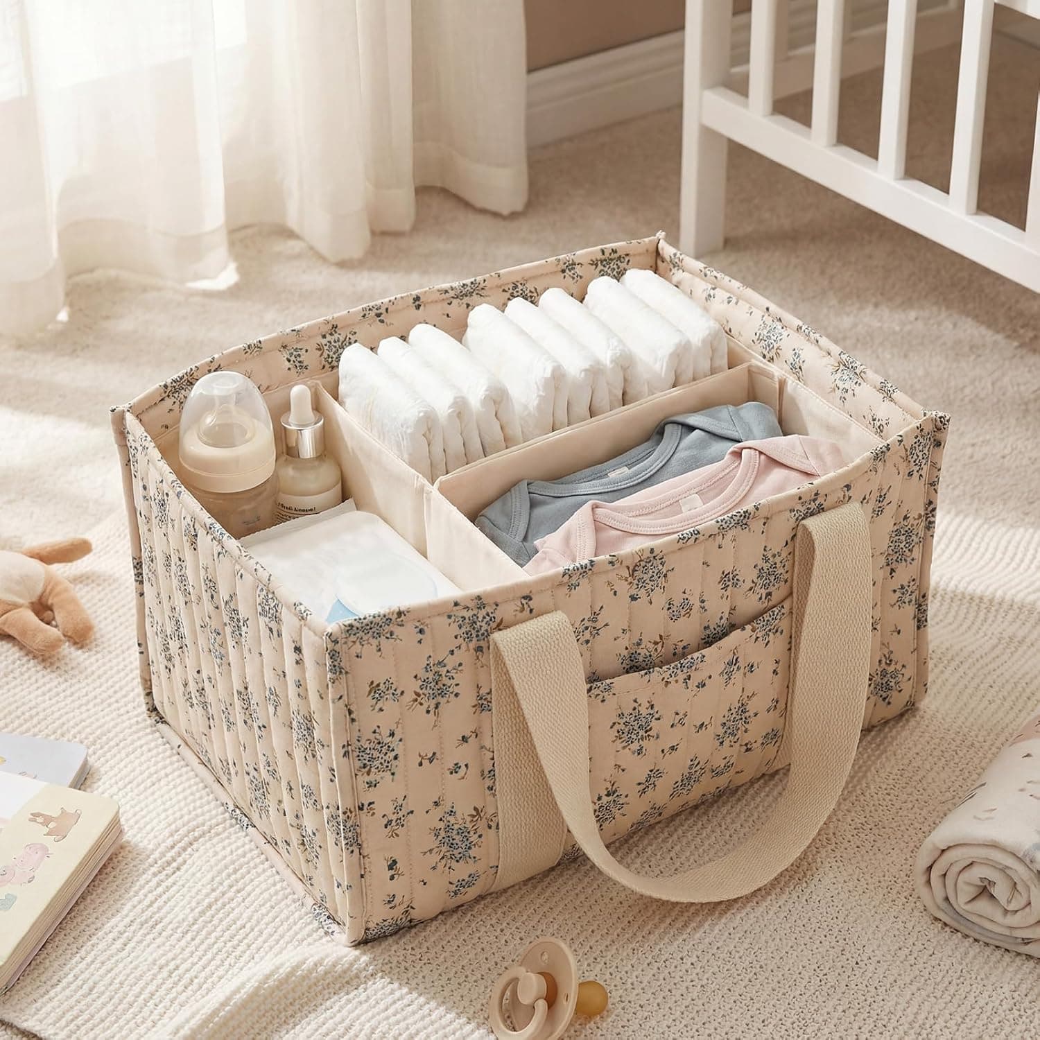 Baby Nappy Caddy Organiser Portable Nursery Storage Basket with Removable Dividers Foldable Diaper Tote Bag for Changing Table & Car Travel Newborn Essentials