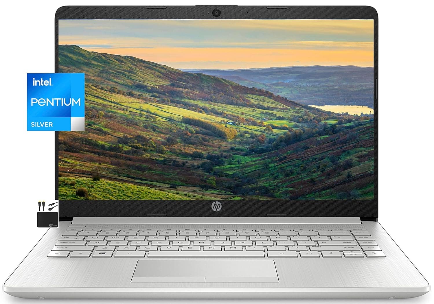 HP 2022 Newest Laptop Computer, 14" HD Display, Quad-Core Intel Pentium N5030 (Upto 3.1GHz), 8GB RAM, 128GB SSD, HD Webcam, HDMI, Bluetooth, WiFi, RJ-45, 1-Year Office 365, Win10 S+MarxsolCables