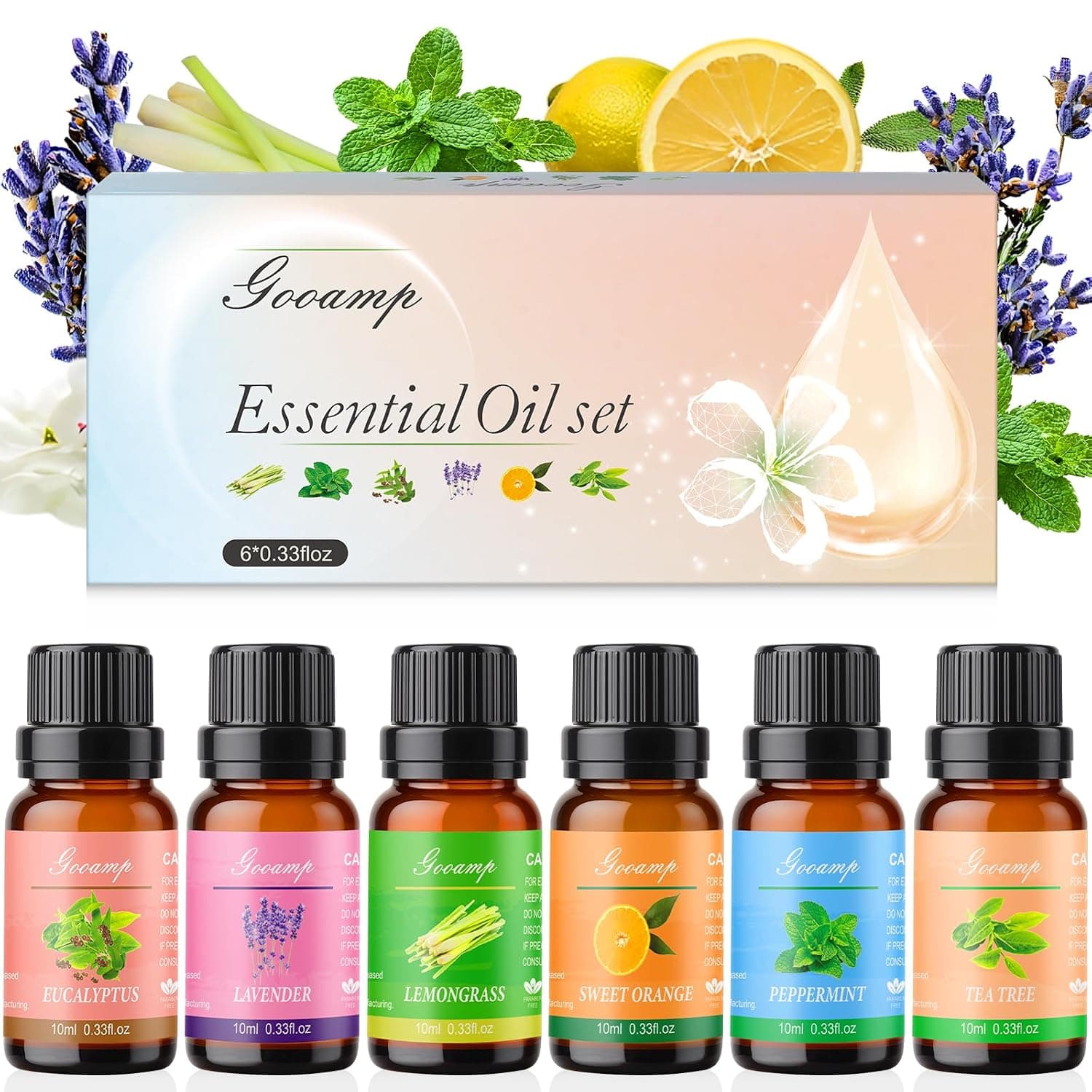 Gooamp Essential Oils Set-6 Organic Blends for Diffusers, Aromatherapy Oils | Candle Making Oils Set Peppermint, TeaTree, Lavender, Eucalyptus, Lemongrass, Orange *6 x 10mL