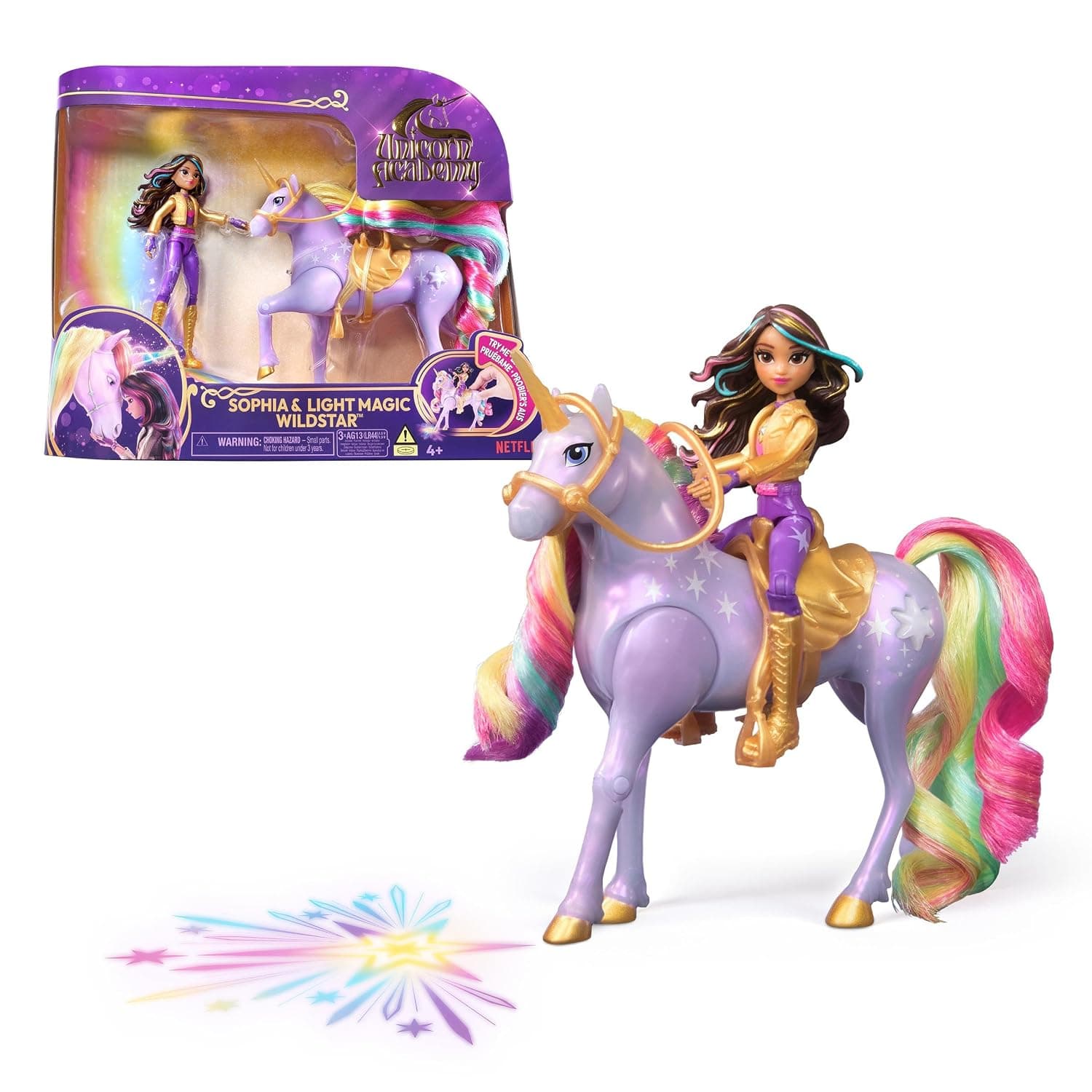Unicorn Academy, Sophia & Light Magic Wildstar with Rainbow Light-up Effects, 2 Riding Accessories, Dolls and Unicorn Toys for Girls Aged 4 and up